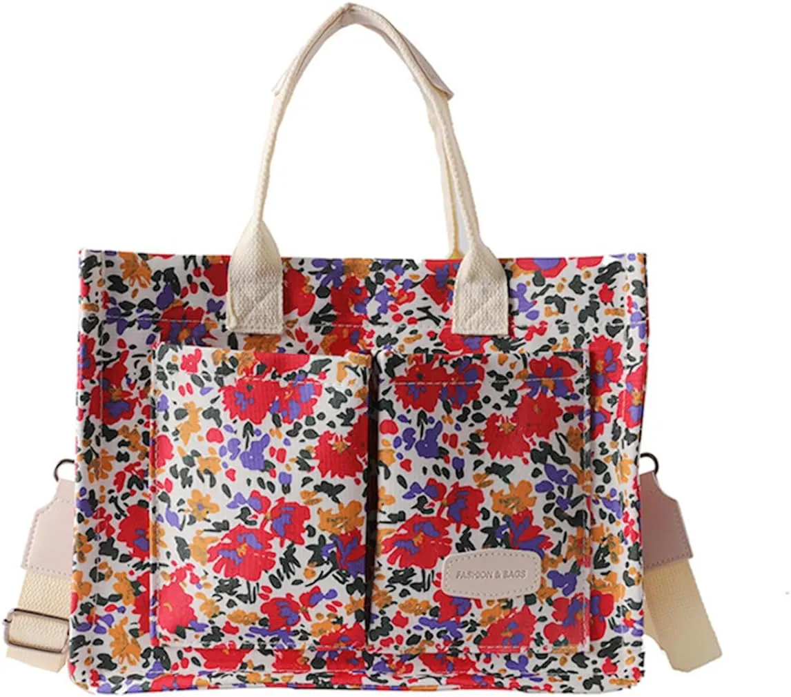 Cherry Tote Bag for Women Canvas Patched Purse Cute Shoulder Bag Multi-Pocket Satchel Handbag for work travel