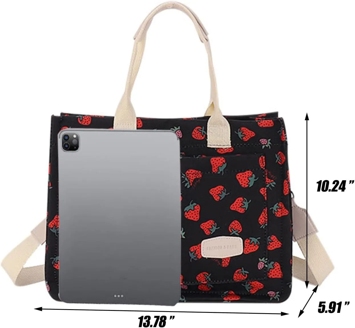 Cherry Tote Bag for Women Canvas Patched Purse Cute Shoulder Bag Multi-Pocket Satchel Handbag for work travel
