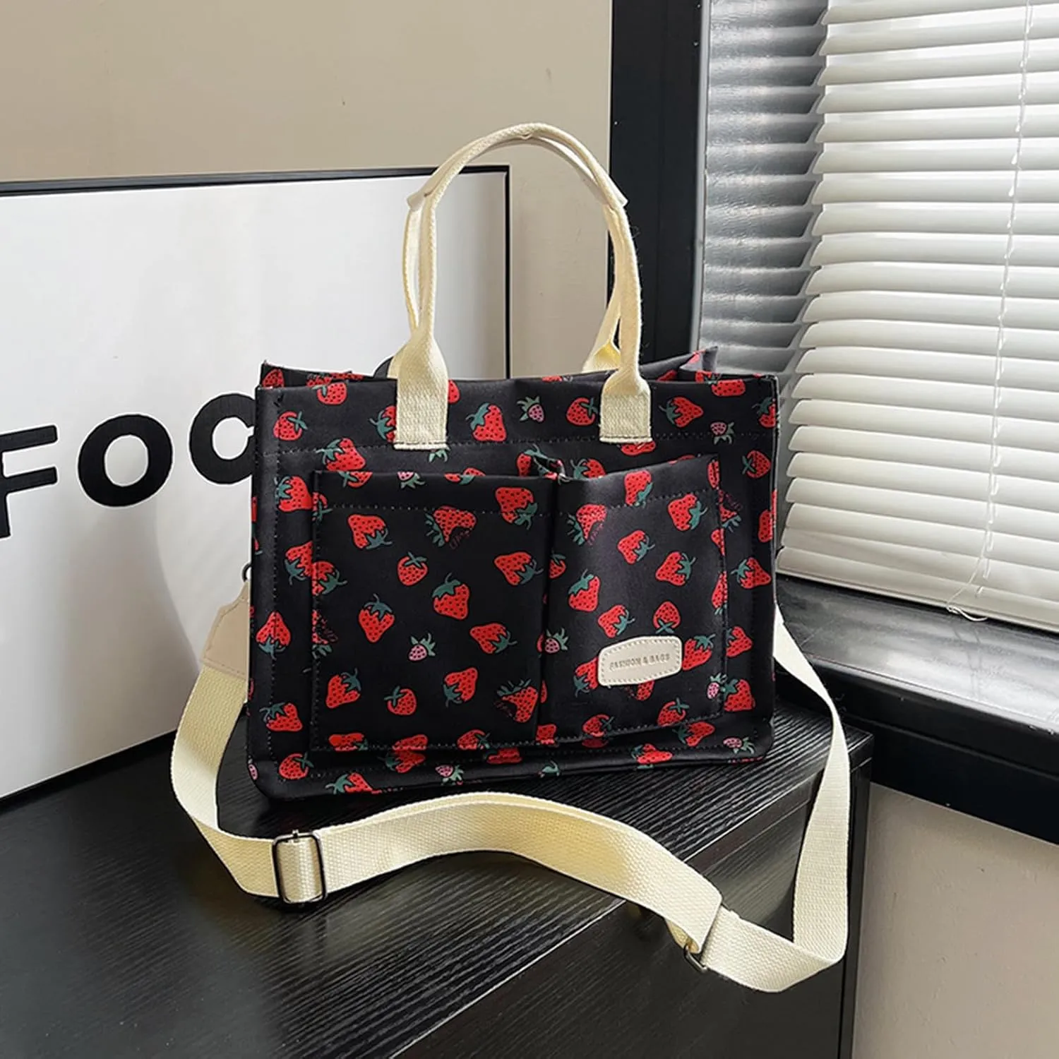 Cherry Tote Bag for Women Canvas Patched Purse Cute Shoulder Bag Multi-Pocket Satchel Handbag for work travel