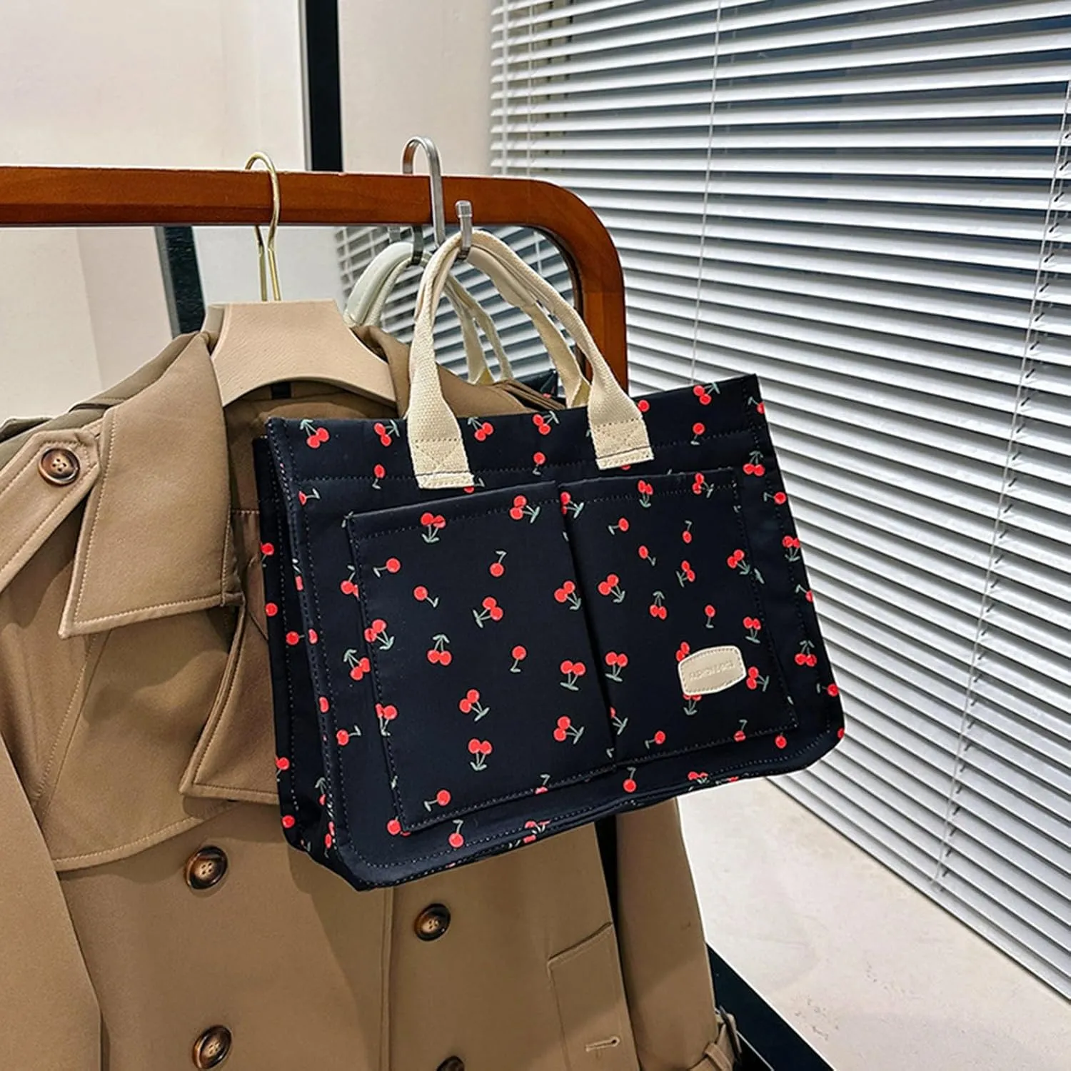 Cherry Tote Bag for Women Canvas Patched Purse Cute Shoulder Bag Multi-Pocket Satchel Handbag for work travel