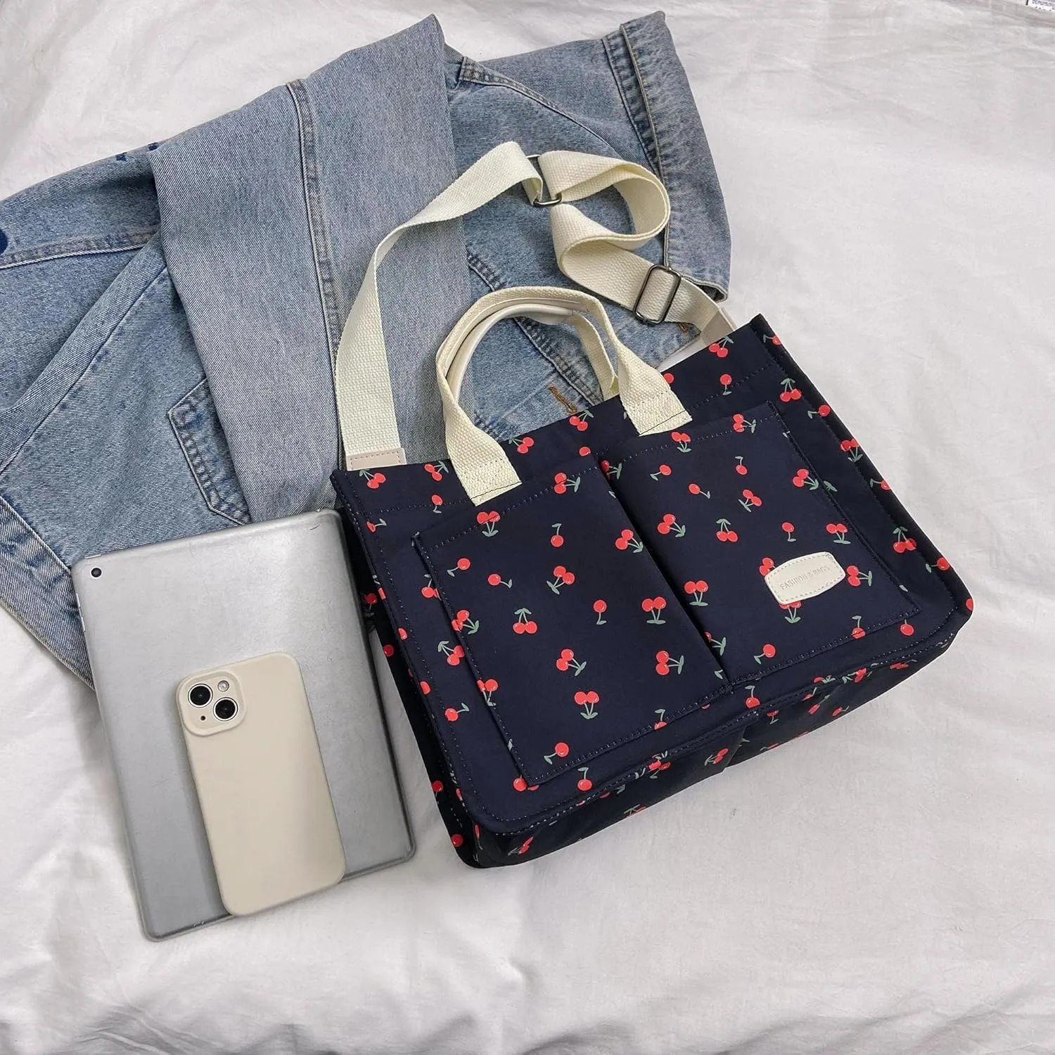Cherry Tote Bag for Women Canvas Patched Purse Cute Shoulder Bag Multi-Pocket Satchel Handbag for work travel