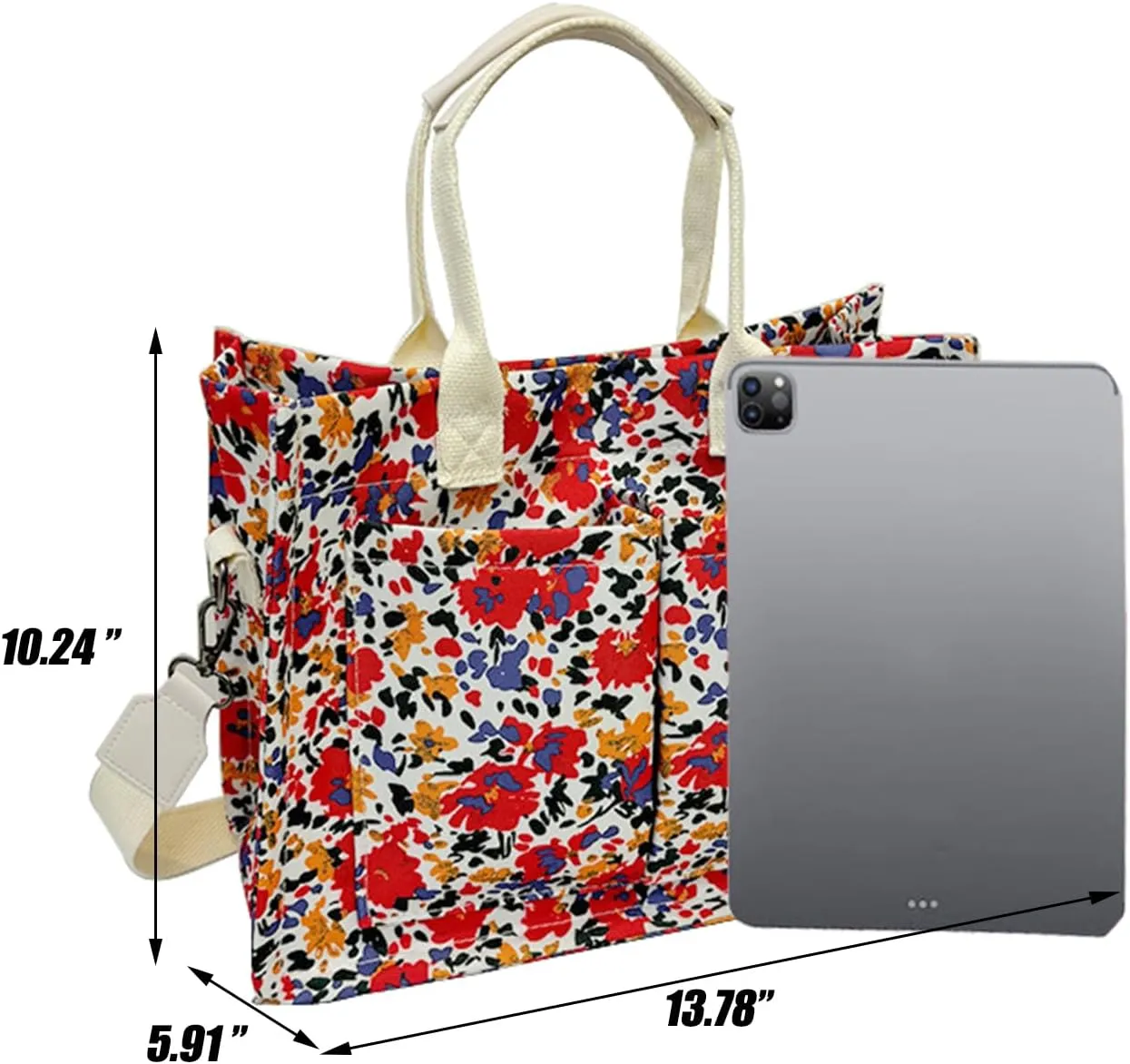 Cherry Tote Bag for Women Canvas Patched Purse Cute Shoulder Bag Multi-Pocket Satchel Handbag for work travel