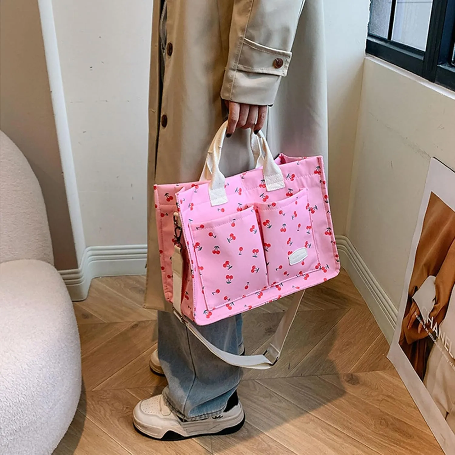 Cherry Tote Bag for Women Canvas Patched Purse Cute Shoulder Bag Multi-Pocket Satchel Handbag for work travel