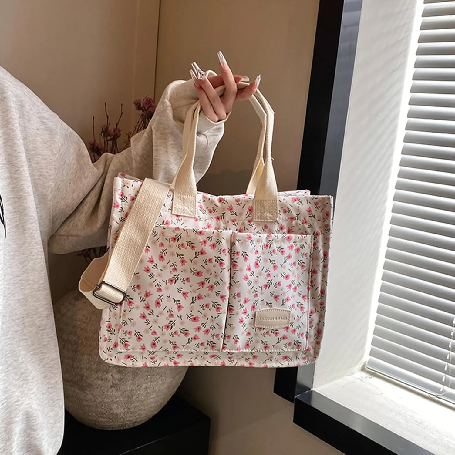Cherry Tote Bag for Women Canvas Patched Purse Cute Shoulder Bag Multi-Pocket Satchel Handbag for work travel