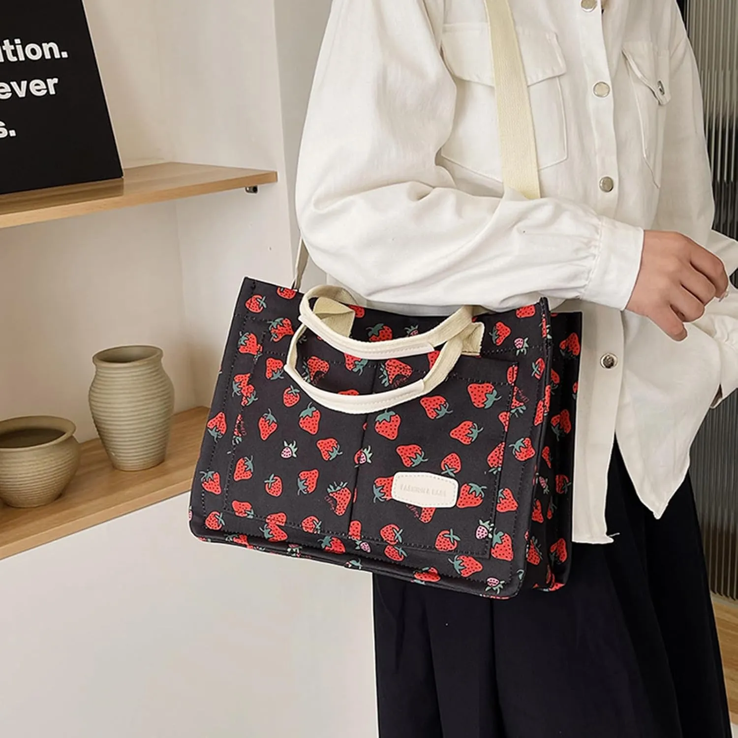 Cherry Tote Bag for Women Canvas Patched Purse Cute Shoulder Bag Multi-Pocket Satchel Handbag for work travel