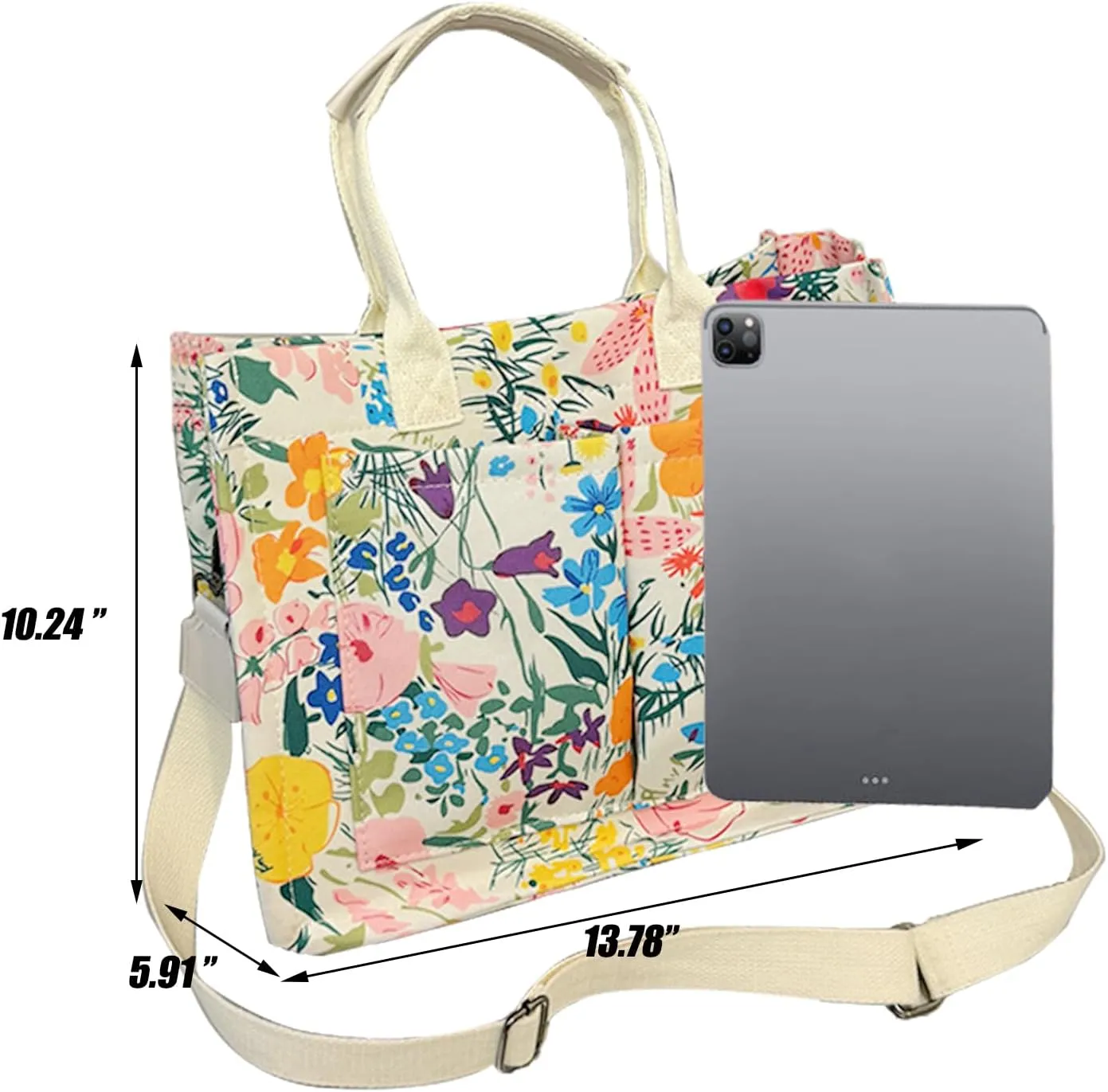 Cherry Tote Bag for Women Canvas Patched Purse Cute Shoulder Bag Multi-Pocket Satchel Handbag for work travel