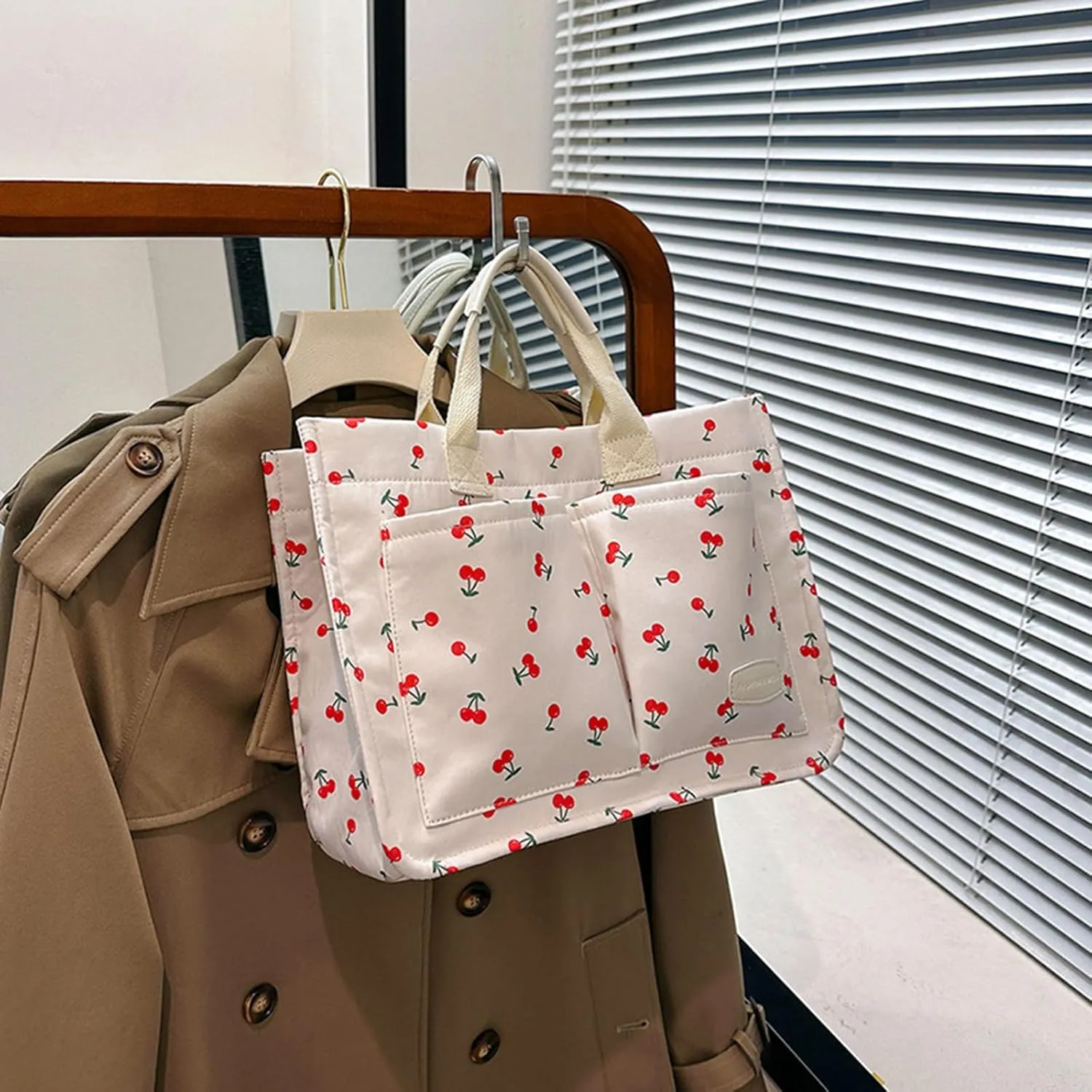 Cherry Tote Bag for Women Canvas Patched Purse Cute Shoulder Bag Multi-Pocket Satchel Handbag for work travel