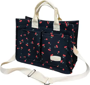 Cherry Tote Bag for Women Canvas Patched Purse Cute Shoulder Bag Multi-Pocket Satchel Handbag for work travel