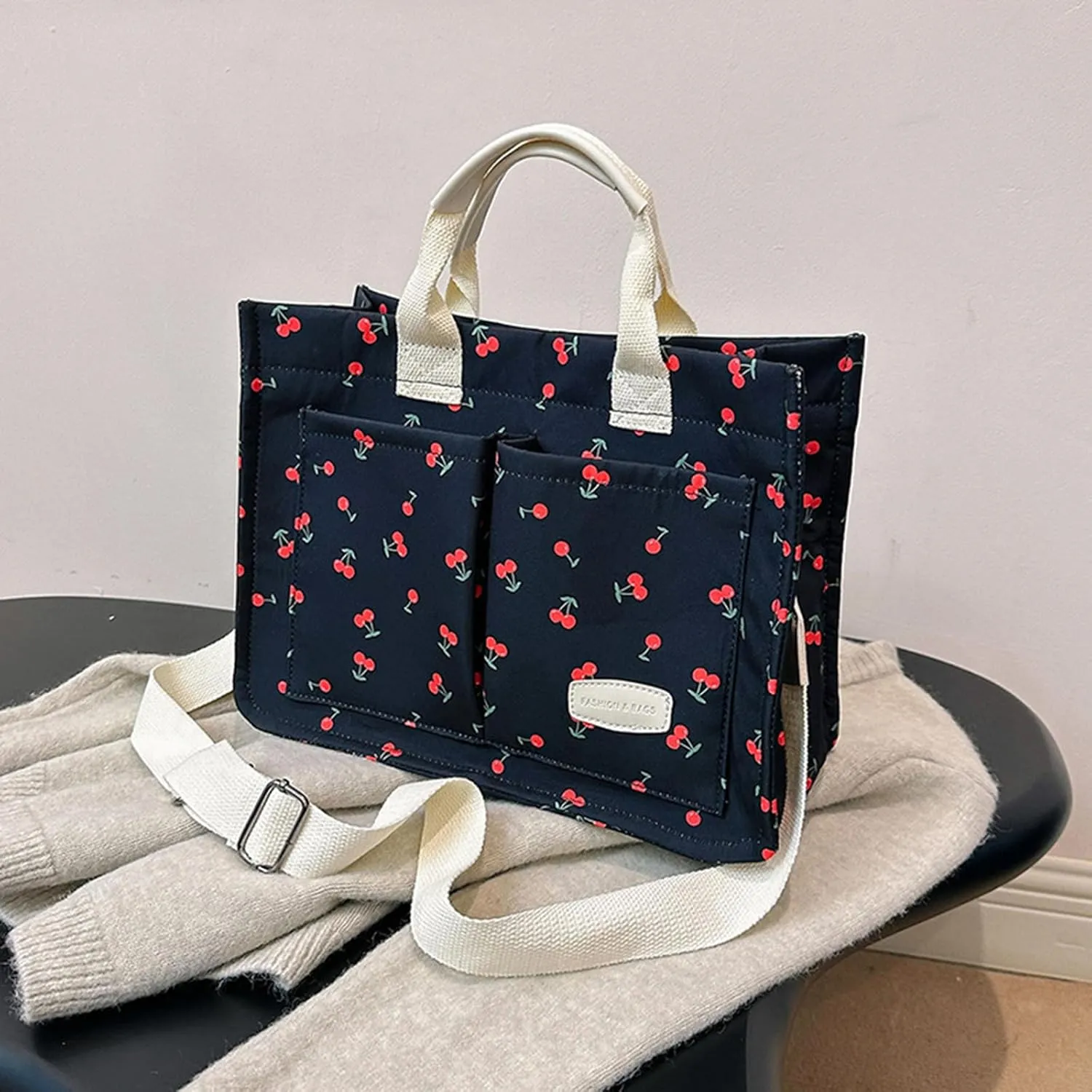 Cherry Tote Bag for Women Canvas Patched Purse Cute Shoulder Bag Multi-Pocket Satchel Handbag for work travel