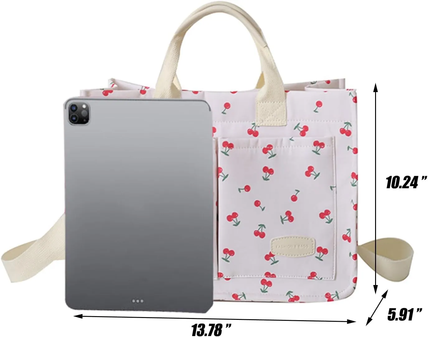 Cherry Tote Bag for Women Canvas Patched Purse Cute Shoulder Bag Multi-Pocket Satchel Handbag for work travel