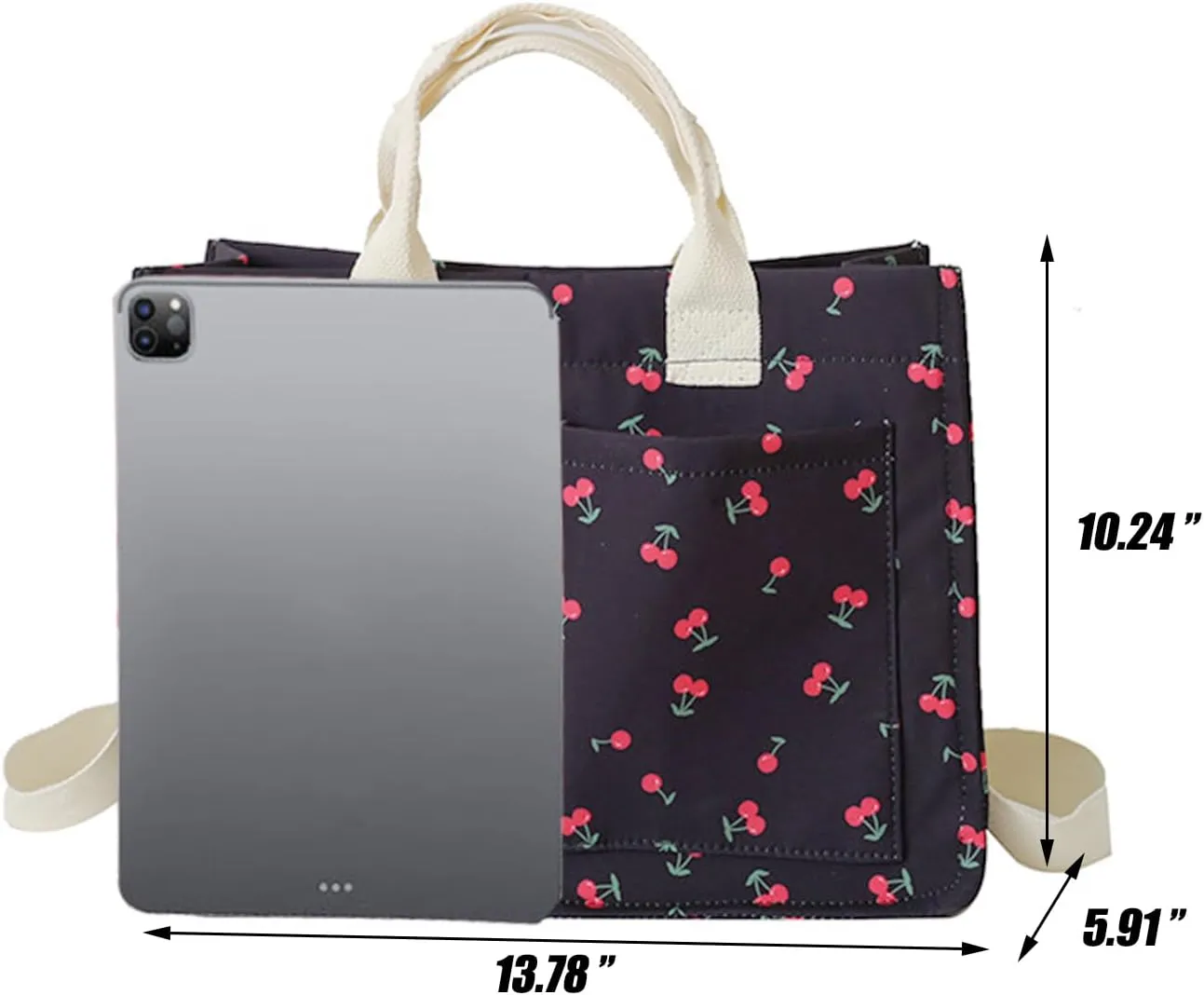 Cherry Tote Bag for Women Canvas Patched Purse Cute Shoulder Bag Multi-Pocket Satchel Handbag for work travel