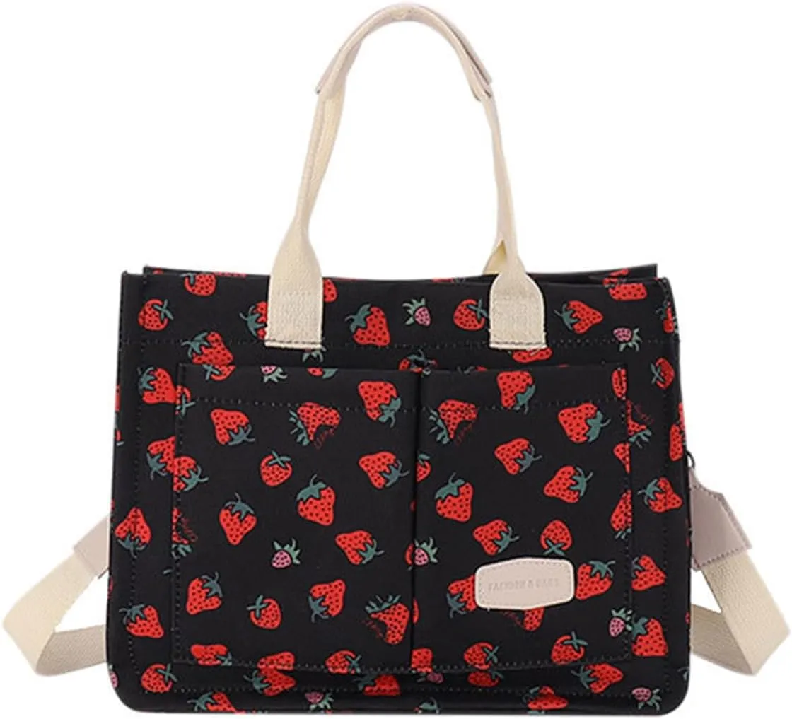 Cherry Tote Bag for Women Canvas Patched Purse Cute Shoulder Bag Multi-Pocket Satchel Handbag for work travel