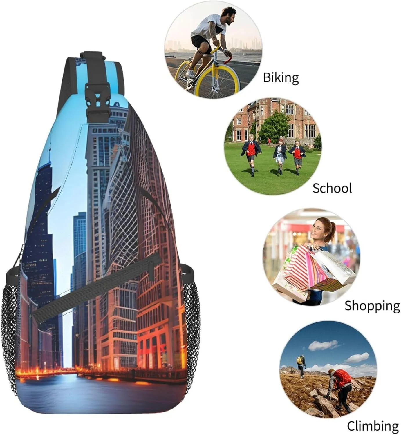 Chicago Illinois Usa Print Sling Backpack, Sling Bag, Crossbody Chest Bag Daypack, for Hiking Travel