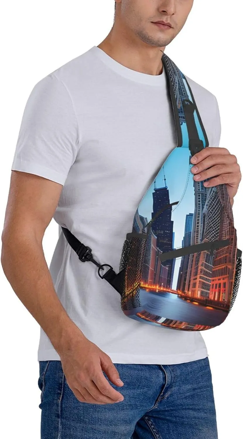 Chicago Illinois Usa Print Sling Backpack, Sling Bag, Crossbody Chest Bag Daypack, for Hiking Travel