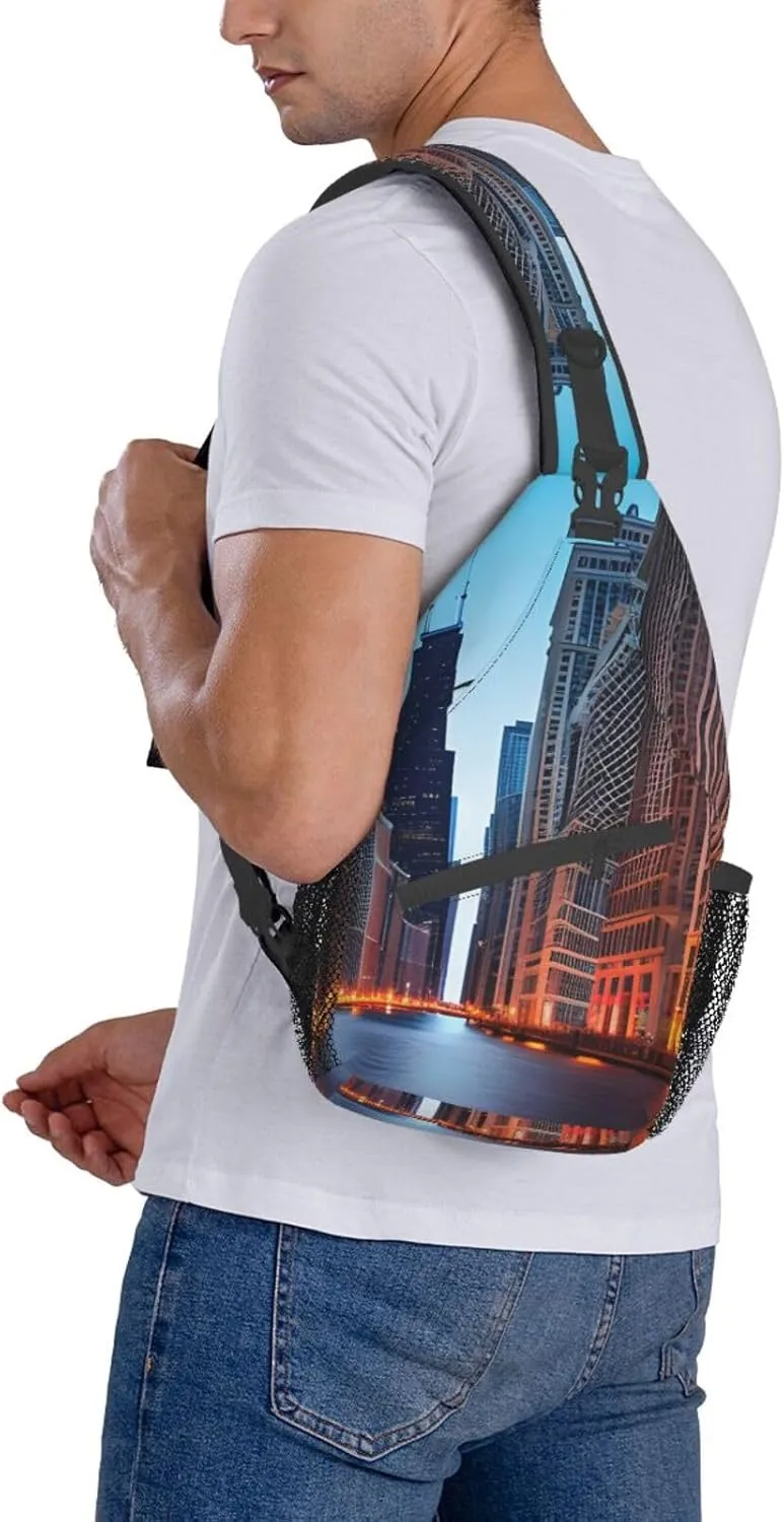 Chicago Illinois Usa Print Sling Backpack, Sling Bag, Crossbody Chest Bag Daypack, for Hiking Travel