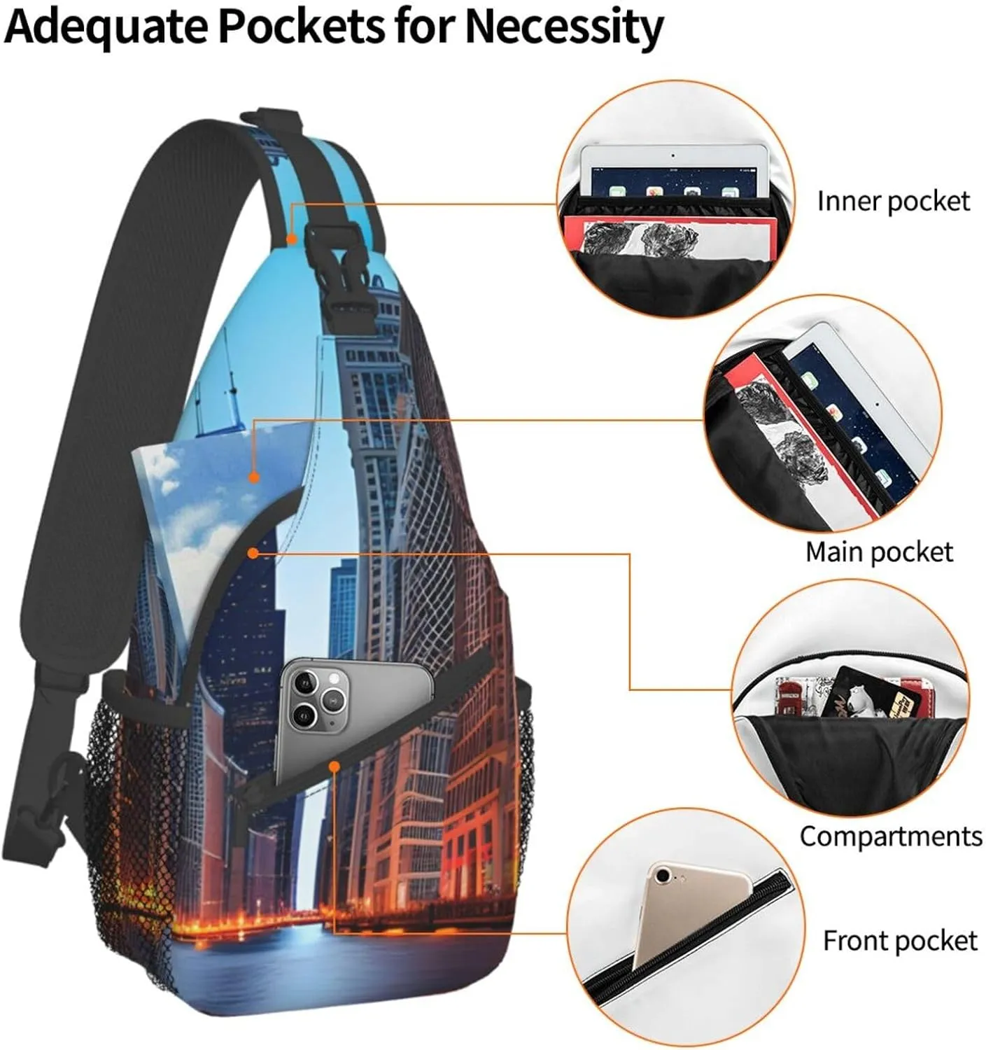 Chicago Illinois Usa Print Sling Backpack, Sling Bag, Crossbody Chest Bag Daypack, for Hiking Travel