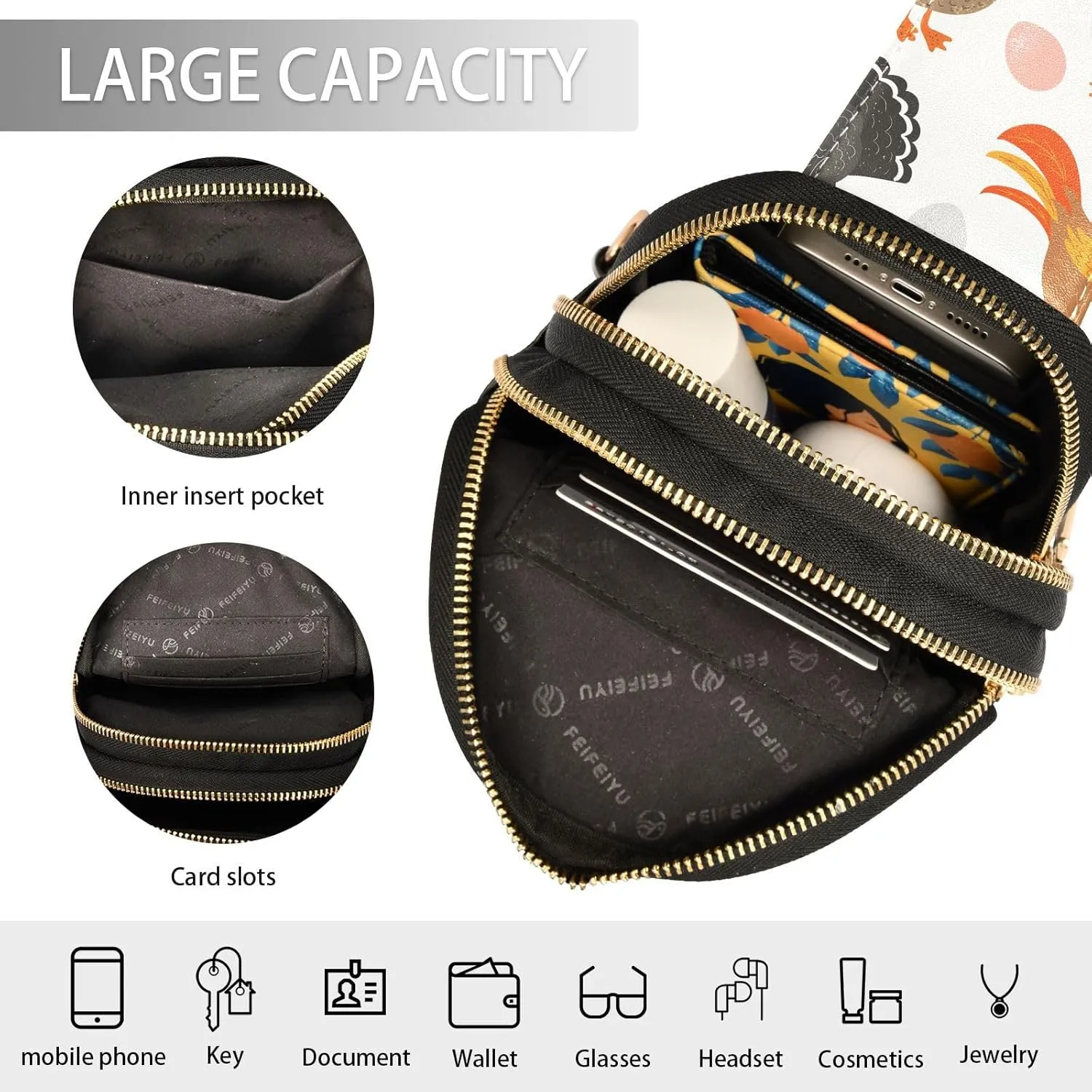 Chicken Turkey Rooster Trendy Crossbody Bag Fashion Waist Packs Goose Duck Cross Body Leather Chest Bag for Women Fanny Pack Travel Outdoor Crossbody Sling Bag