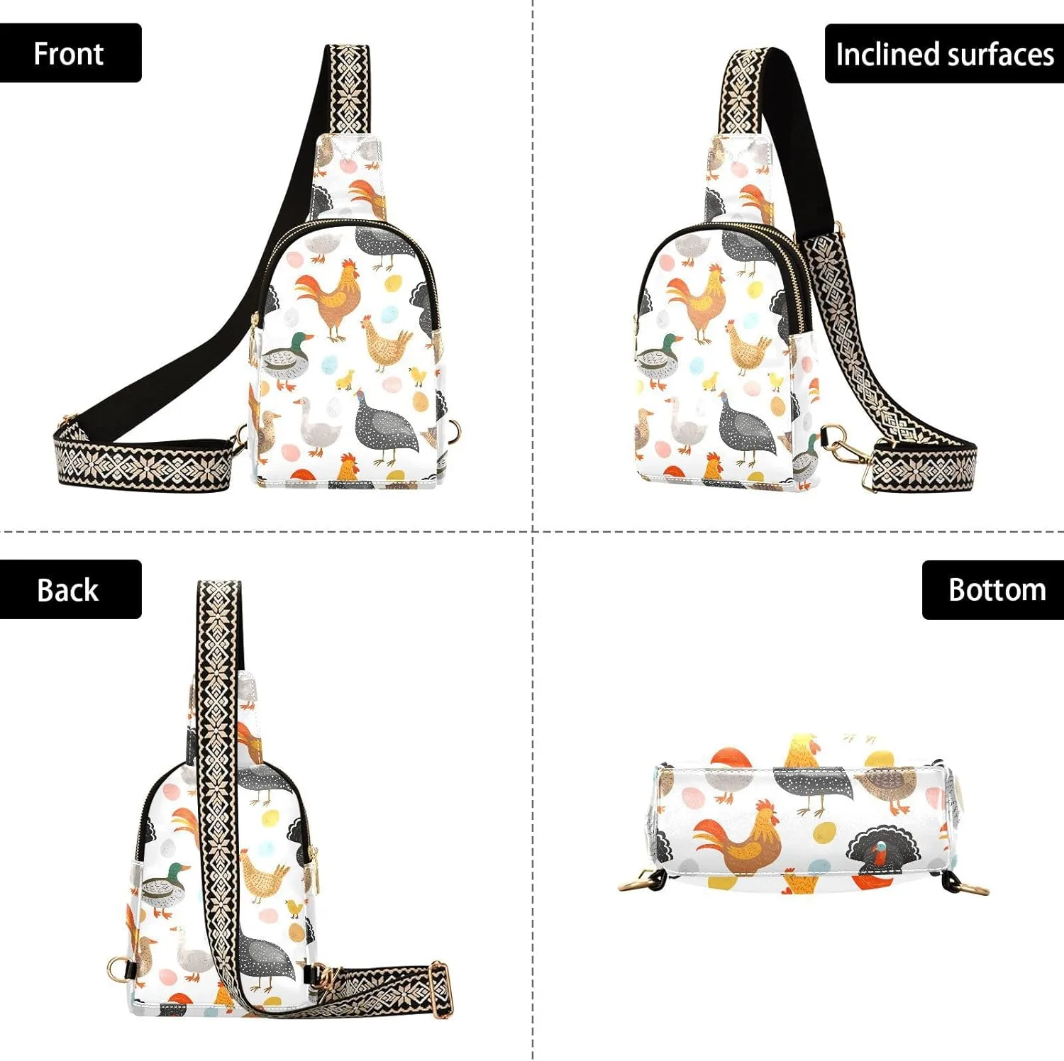 Chicken Turkey Rooster Trendy Crossbody Bag Fashion Waist Packs Goose Duck Cross Body Leather Chest Bag for Women Fanny Pack Travel Outdoor Crossbody Sling Bag