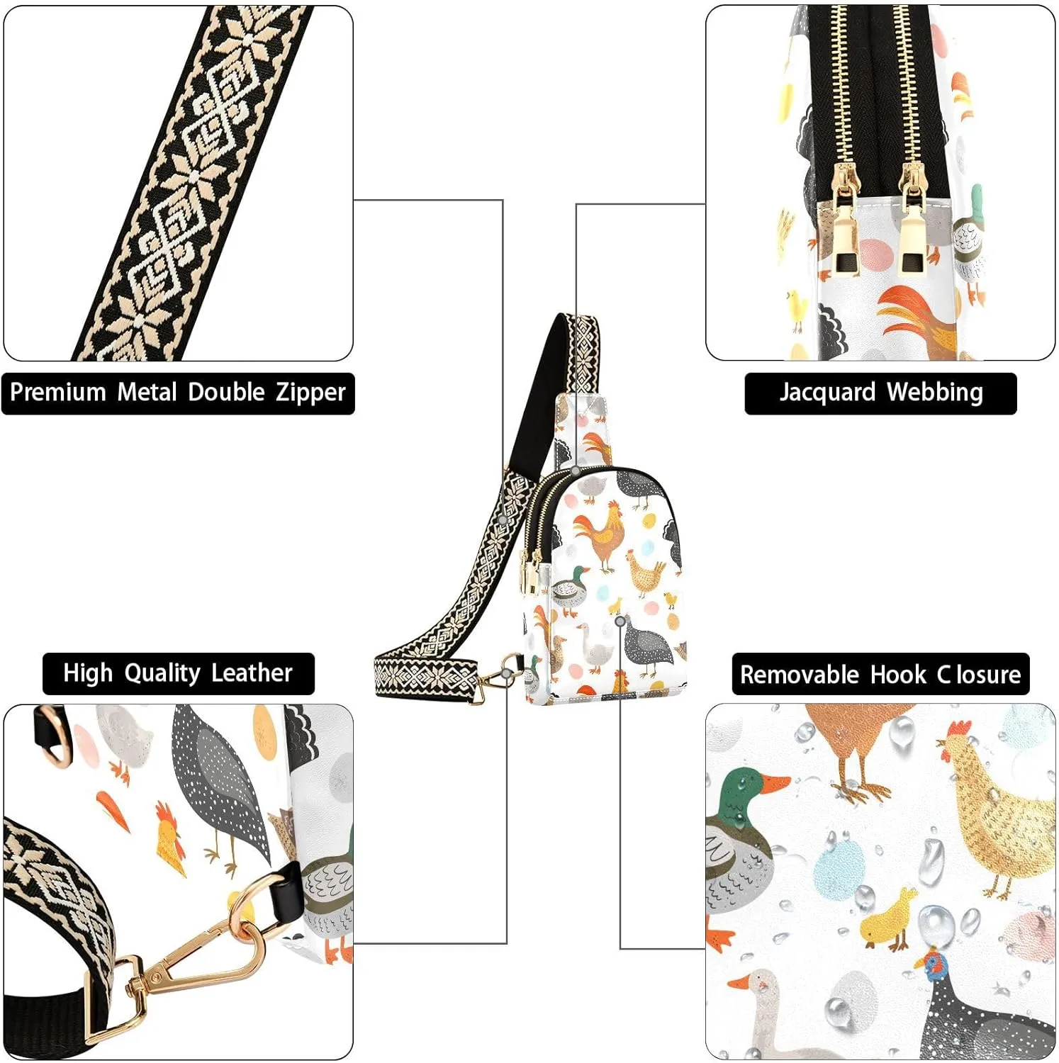 Chicken Turkey Rooster Trendy Crossbody Bag Fashion Waist Packs Goose Duck Cross Body Leather Chest Bag for Women Fanny Pack Travel Outdoor Crossbody Sling Bag