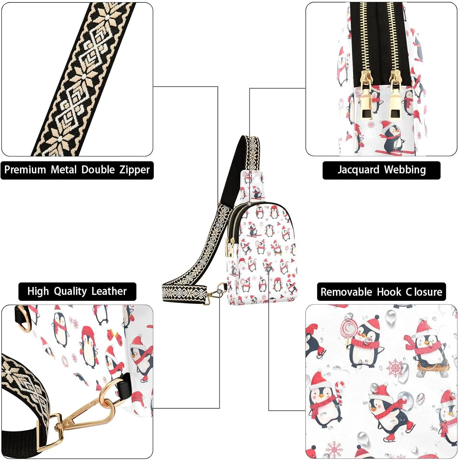 Christmas Penguin Skiing Trendy Crossbody Bag Fashion Waist Packs Winter Cute Cross Body Leather Chest Bag for Women Fanny Pack Travel Outdoor Crossbody Sling Bag