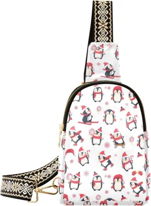 Christmas Penguin Skiing Trendy Crossbody Bag Fashion Waist Packs Winter Cute Cross Body Leather Chest Bag for Women Fanny Pack Travel Outdoor Crossbody Sling Bag