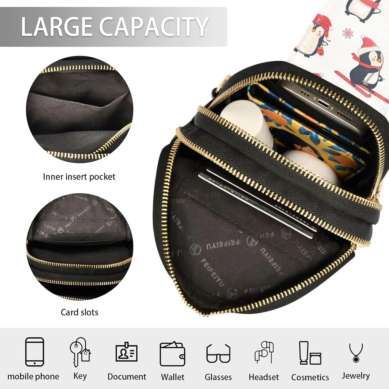 Christmas Penguin Skiing Trendy Crossbody Bag Fashion Waist Packs Winter Cute Cross Body Leather Chest Bag for Women Fanny Pack Travel Outdoor Crossbody Sling Bag
