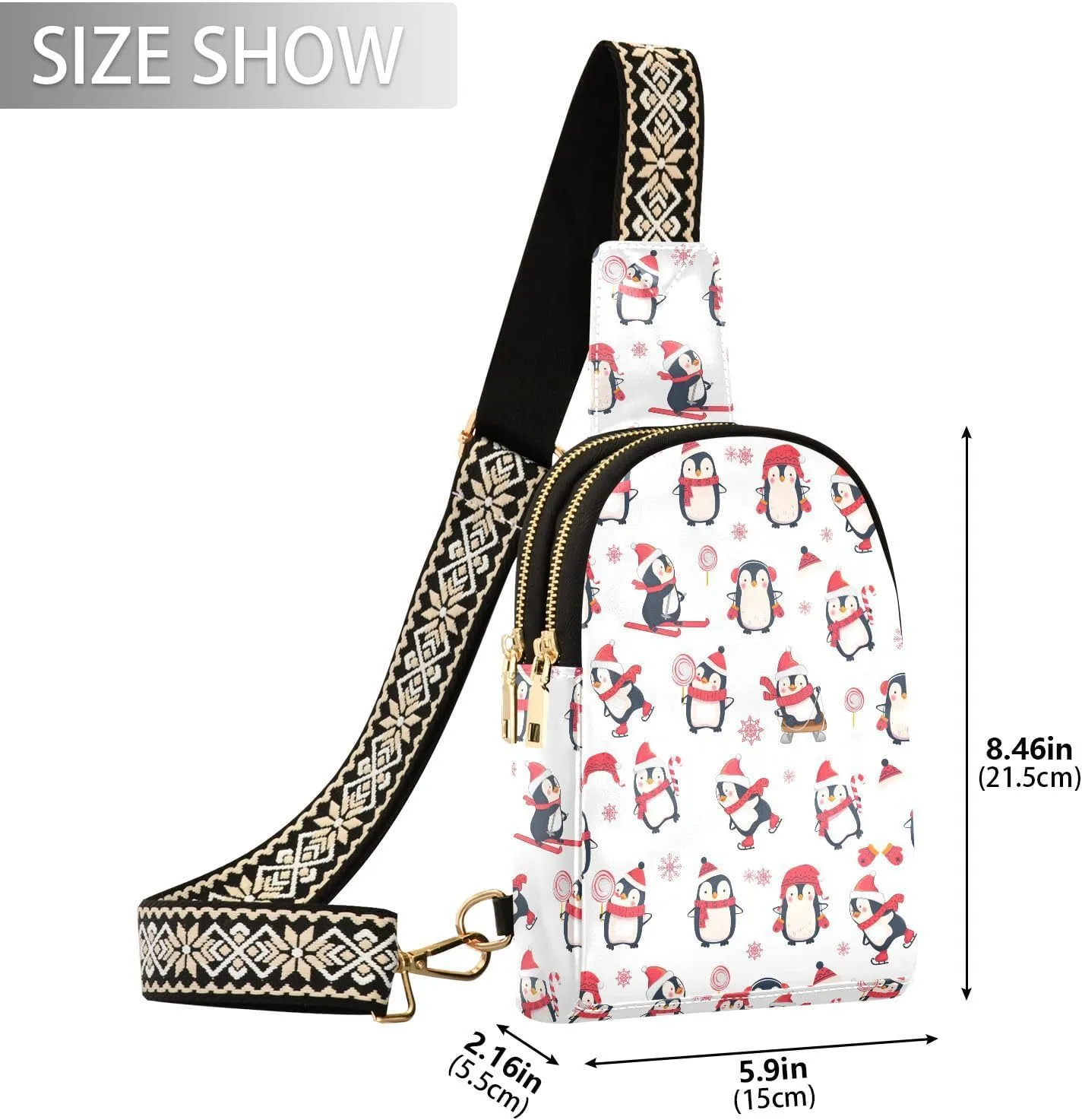 Christmas Penguin Skiing Trendy Crossbody Bag Fashion Waist Packs Winter Cute Cross Body Leather Chest Bag for Women Fanny Pack Travel Outdoor Crossbody Sling Bag