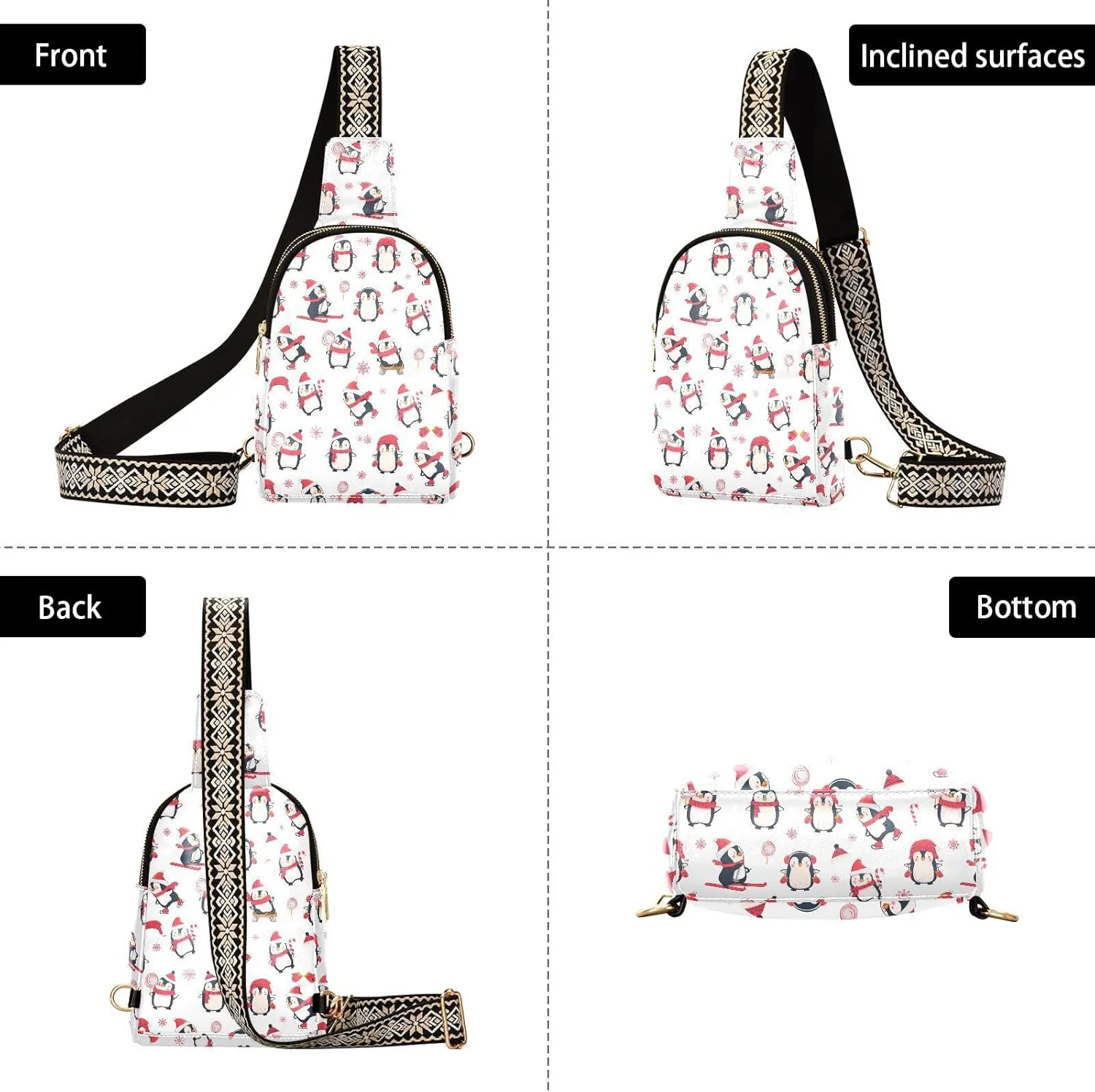 Christmas Penguin Skiing Trendy Crossbody Bag Fashion Waist Packs Winter Cute Cross Body Leather Chest Bag for Women Fanny Pack Travel Outdoor Crossbody Sling Bag