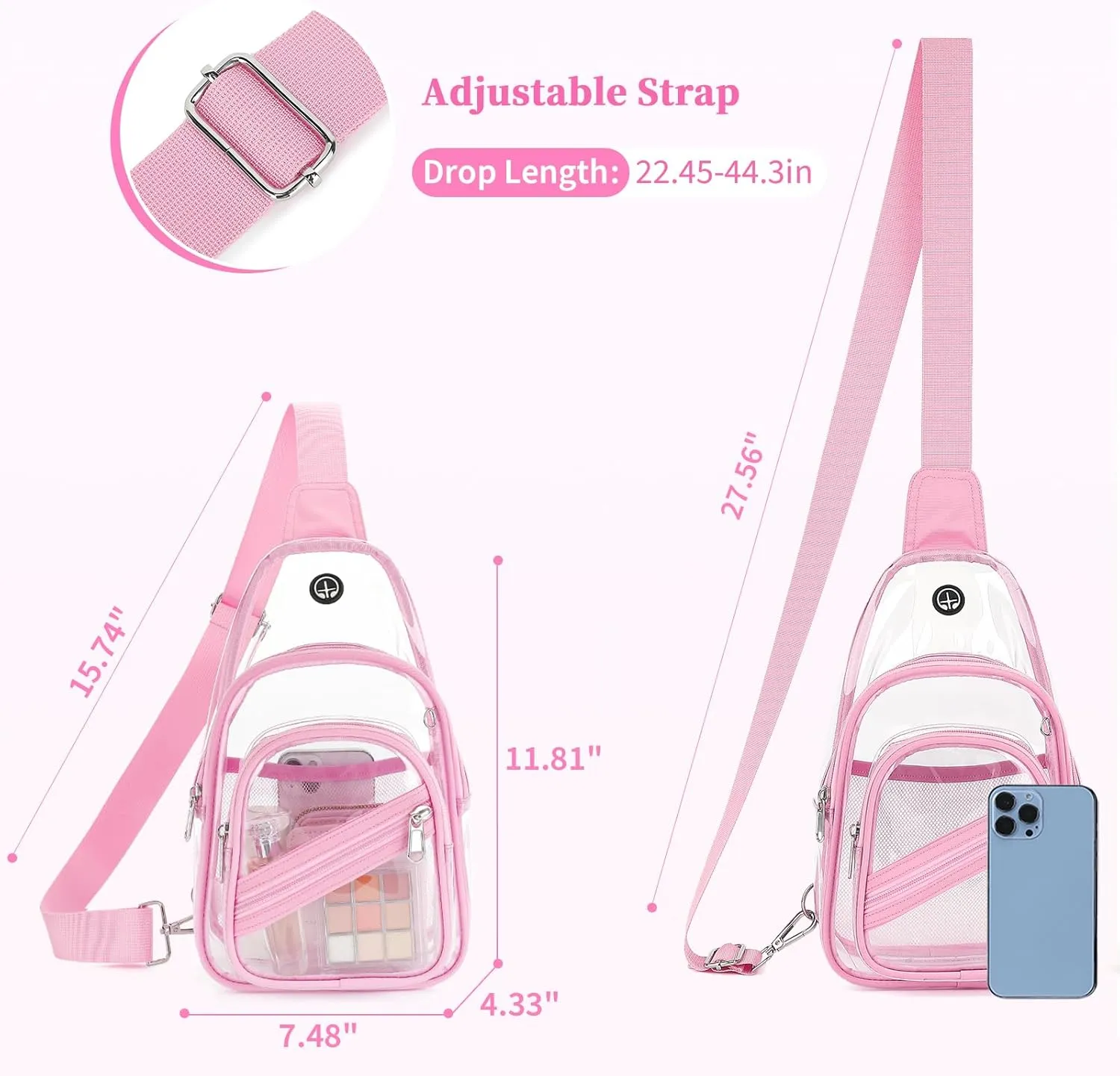 Clear Bag for Stadium Events, Clear Backpack Purse for Women Waterproof PVC Crossbody Fanny Pack for Concert Football Sport Hiking Travel, Pink