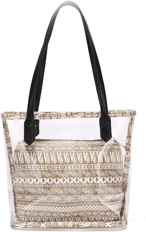Clear Shoulder Bag for Women Transparent Tote Bag PVC Handbag Ethnic Style Print Satchel Retro Purse