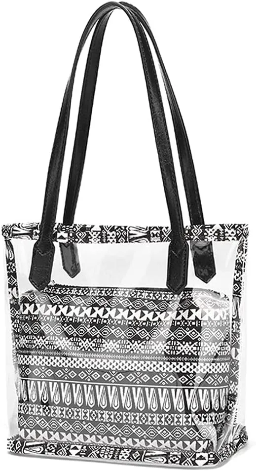 Clear Shoulder Bag for Women Transparent Tote Bag PVC Handbag Ethnic Style Print Satchel Retro Purse