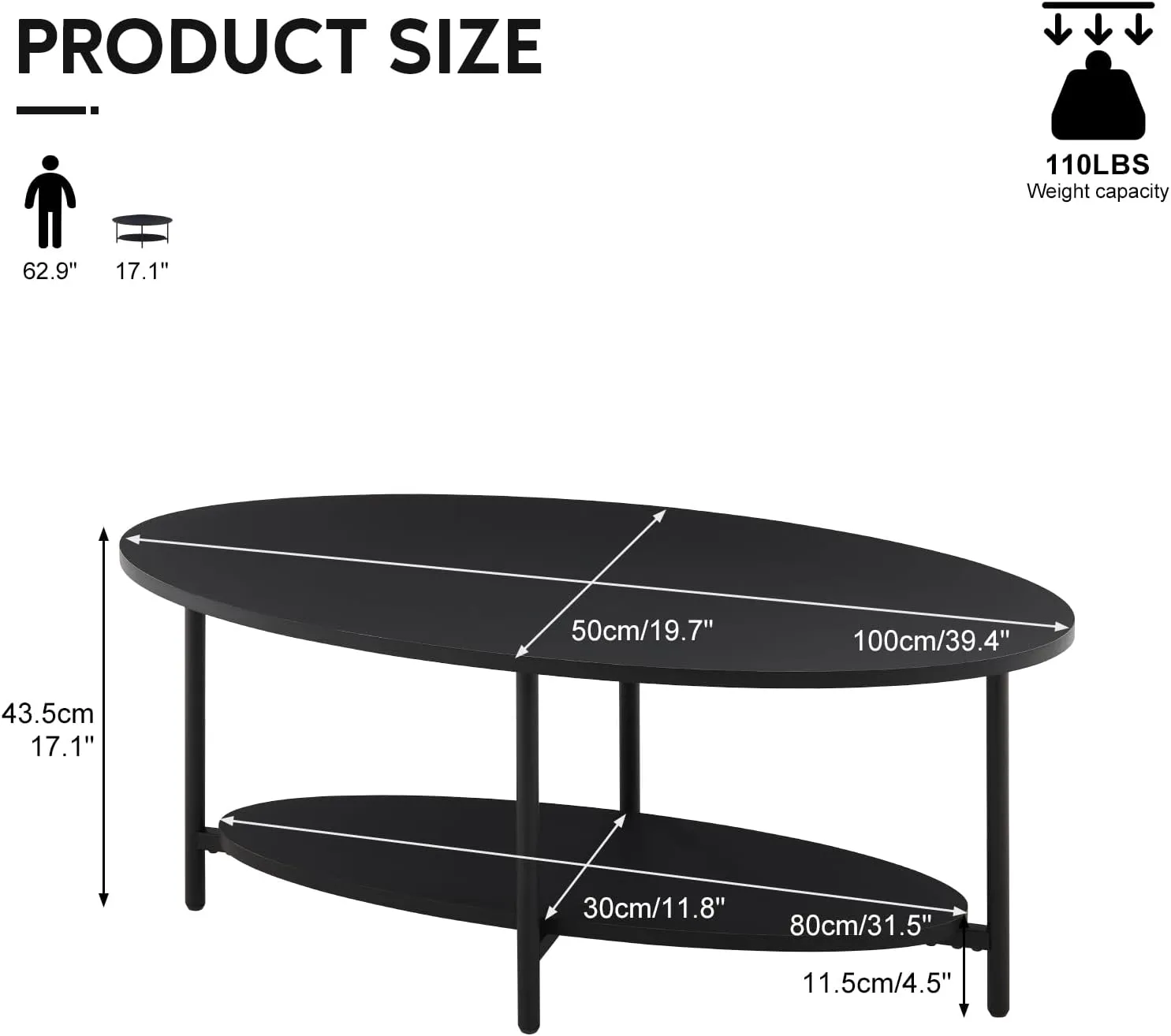 CLIPOP Oval Coffee Table with Storage Shelf, 2 Tier Tea Table | Industrial Coffee Table & Black Matte Frame, Adjustable Feet, for Living Room Reception, Mid Century Modern Furniture (Black)