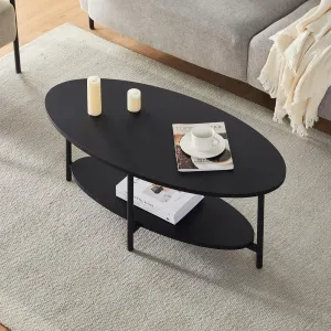 CLIPOP Oval Coffee Table with Storage Shelf, 2 Tier Tea Table | Industrial Coffee Table & Black Matte Frame, Adjustable Feet, for Living Room Reception, Mid Century Modern Furniture (Black)