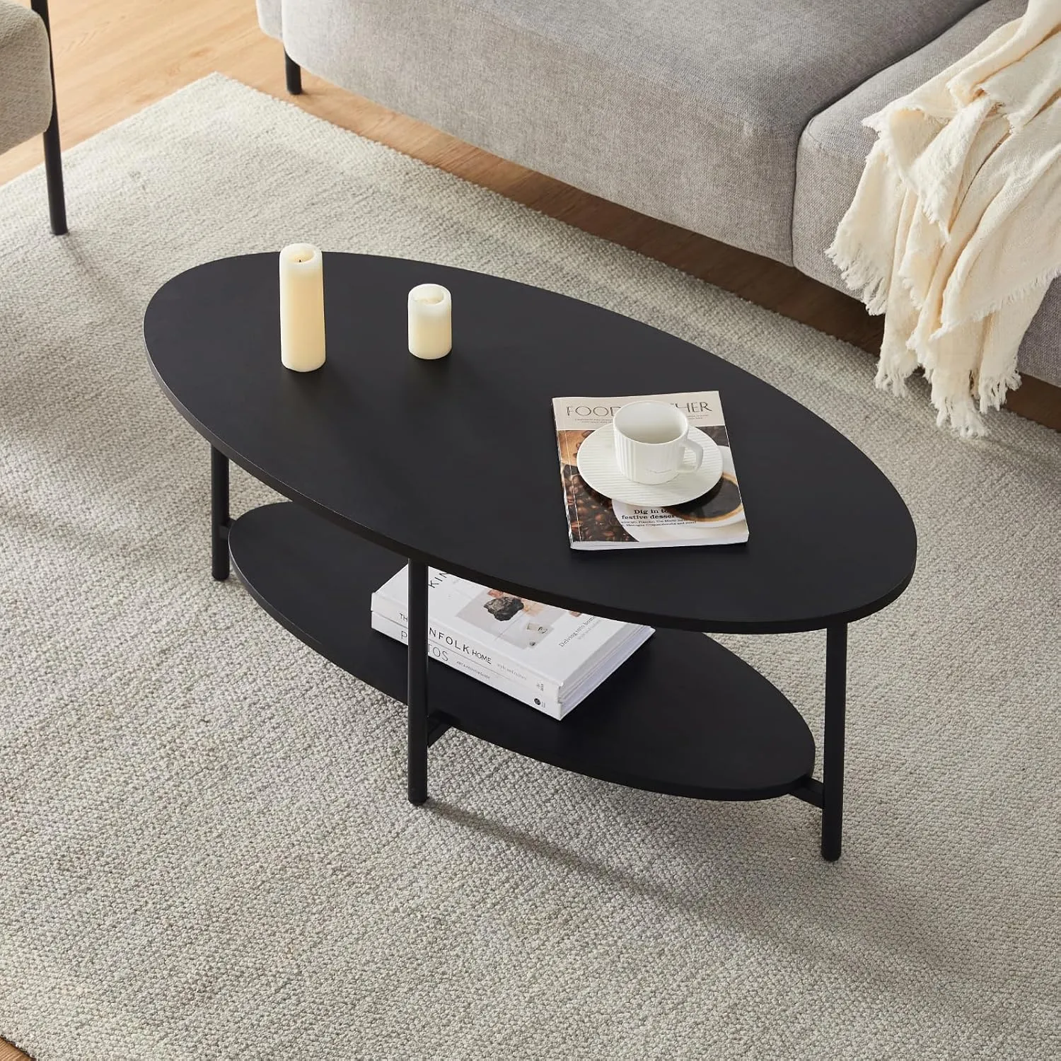 CLIPOP Oval Coffee Table with Storage Shelf, 2 Tier Tea Table | Industrial Coffee Table & Black Matte Frame, Adjustable Feet, for Living Room Reception, Mid Century Modern Furniture (Black)