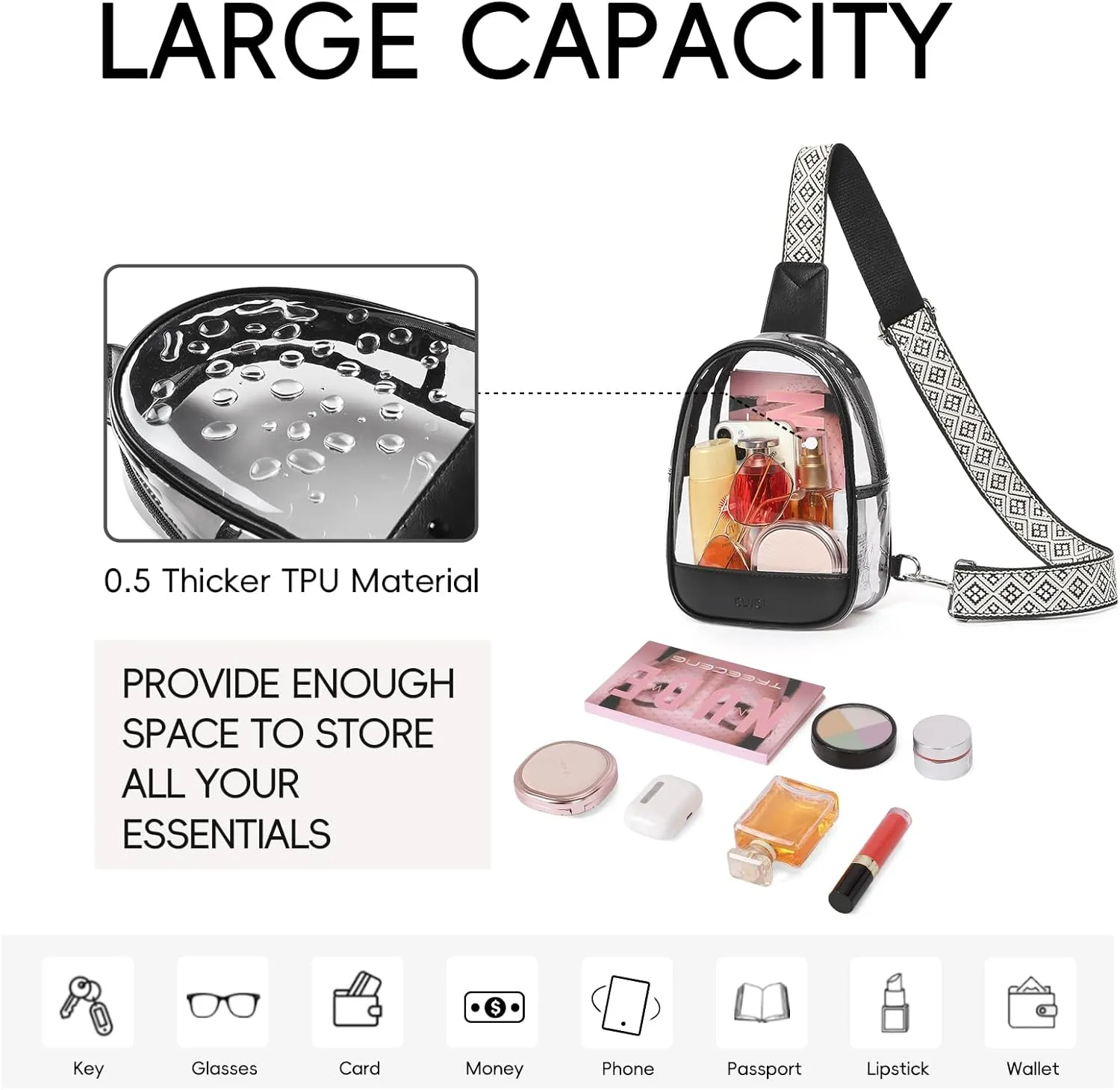 CLUCI Clear Bag for Stadium Events, Clear Crossbody Bag Purses for women stadium Transparent, Concerts Sports