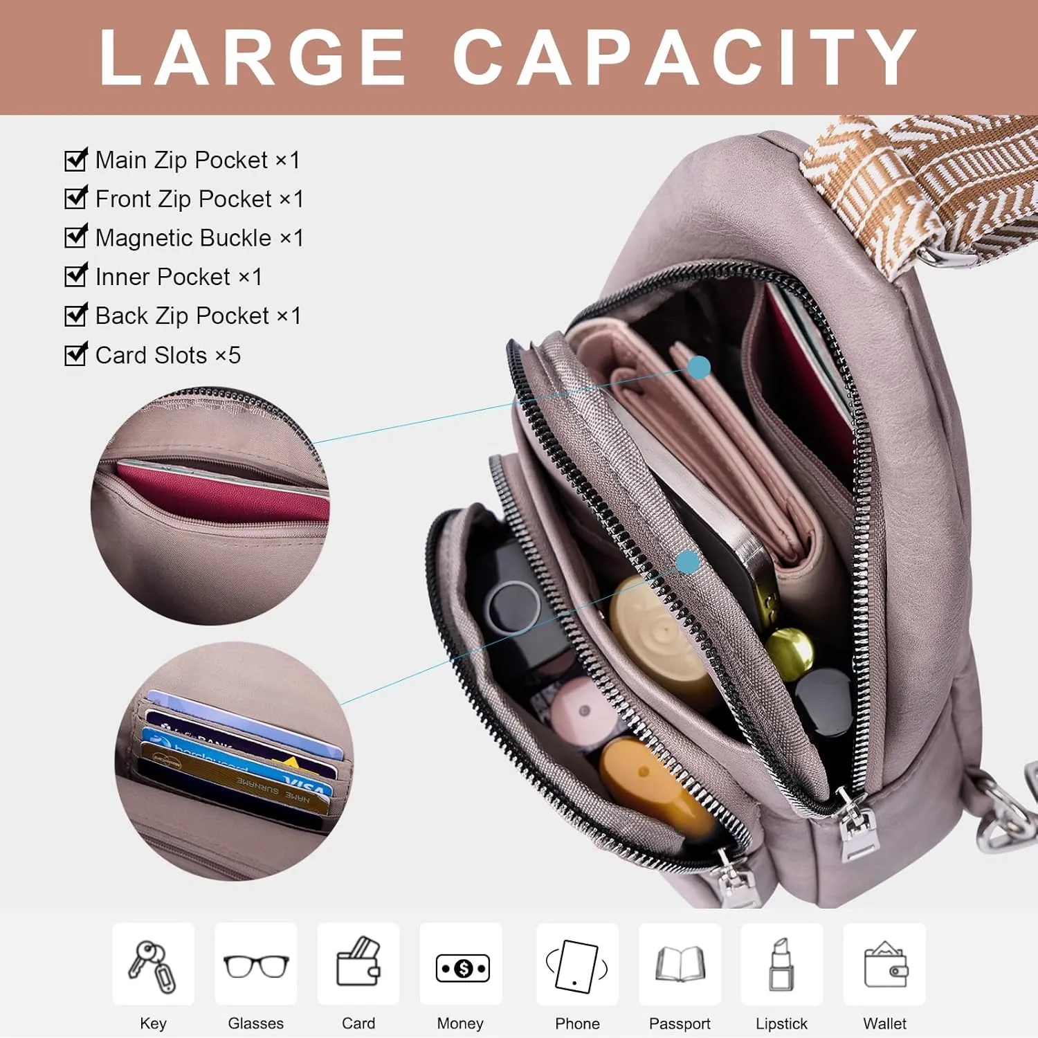 CLUCI Small Sling Bag for Women, Vegan Leather Fanny Pack Crossbody Bags for Women, Chest Bag With Guitar Strap