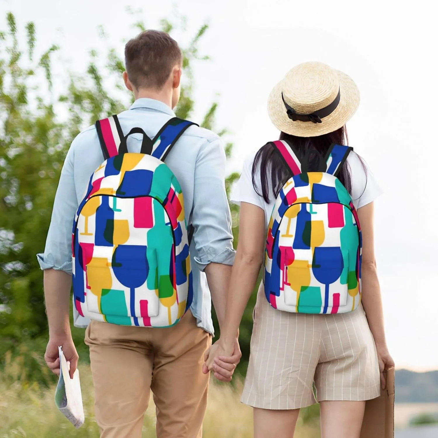 Cocktail Glasses And Wine Bottles Canvas Casual Lightweight Duffel Bag, Fashion Duffel Bag, Casual Daypack, Unisex Travel Backpack