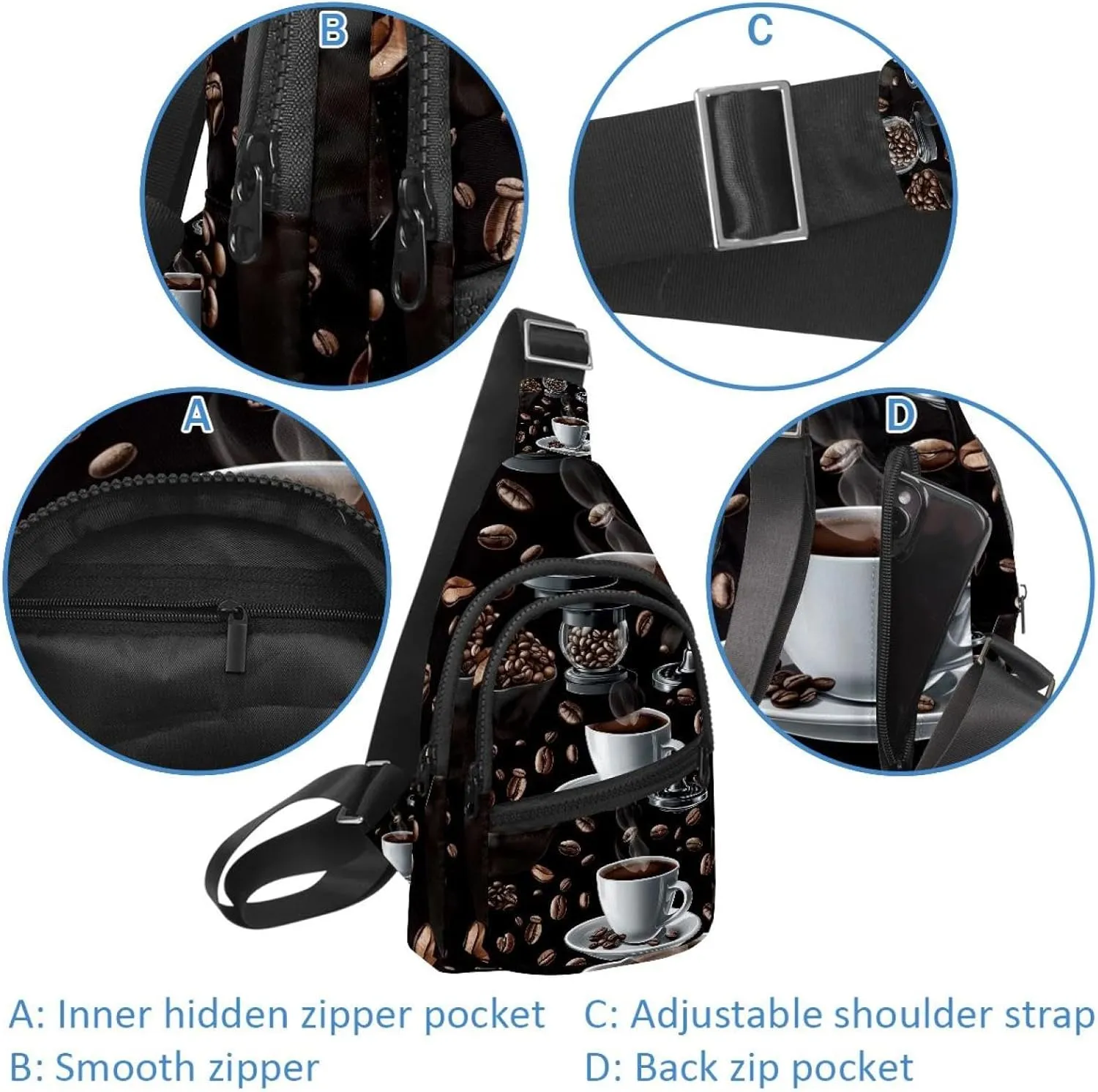 Coffee Beans Sling Bag for Women Travel Shoulder Bag Chest Bag