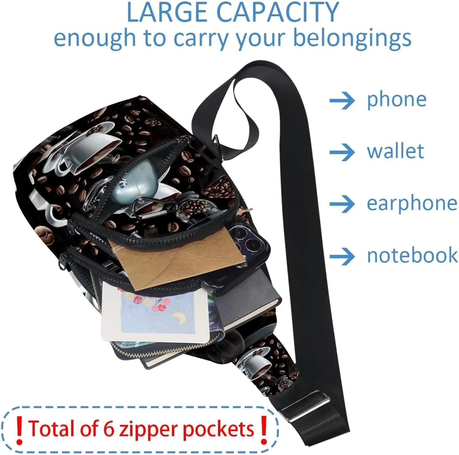 Coffee Beans Sling Bag for Women Travel Shoulder Bag Chest Bag