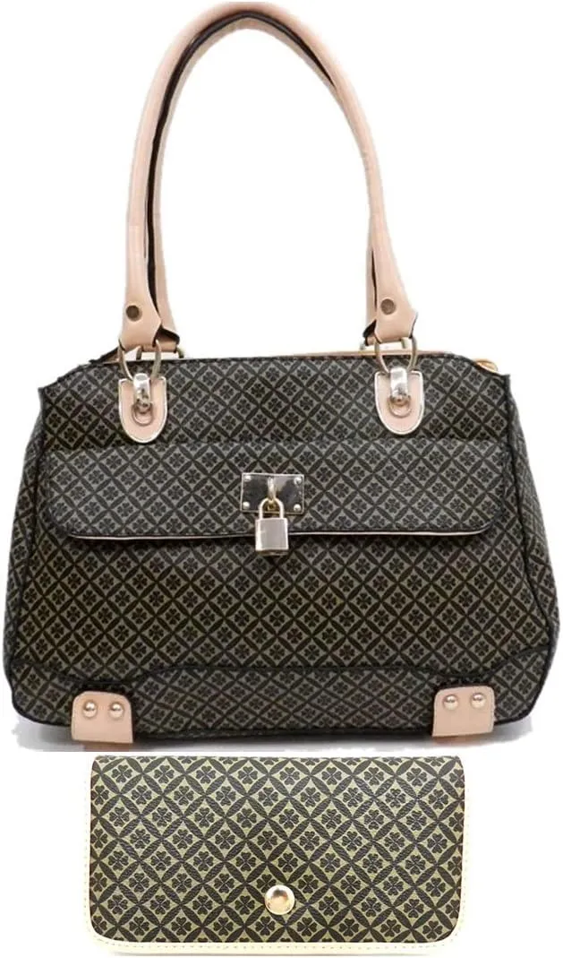 color block Black beige lock signature Satchel wallet Bag set handbag Designer