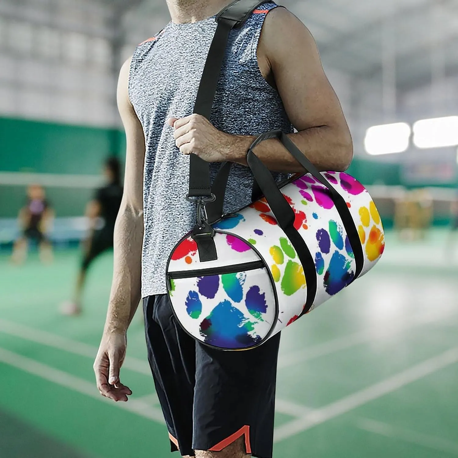 Colorful Dog Paw Print Gym Bag Small Travel Duffle Bag with Compartment Carry On Weekender Bag for Women Men