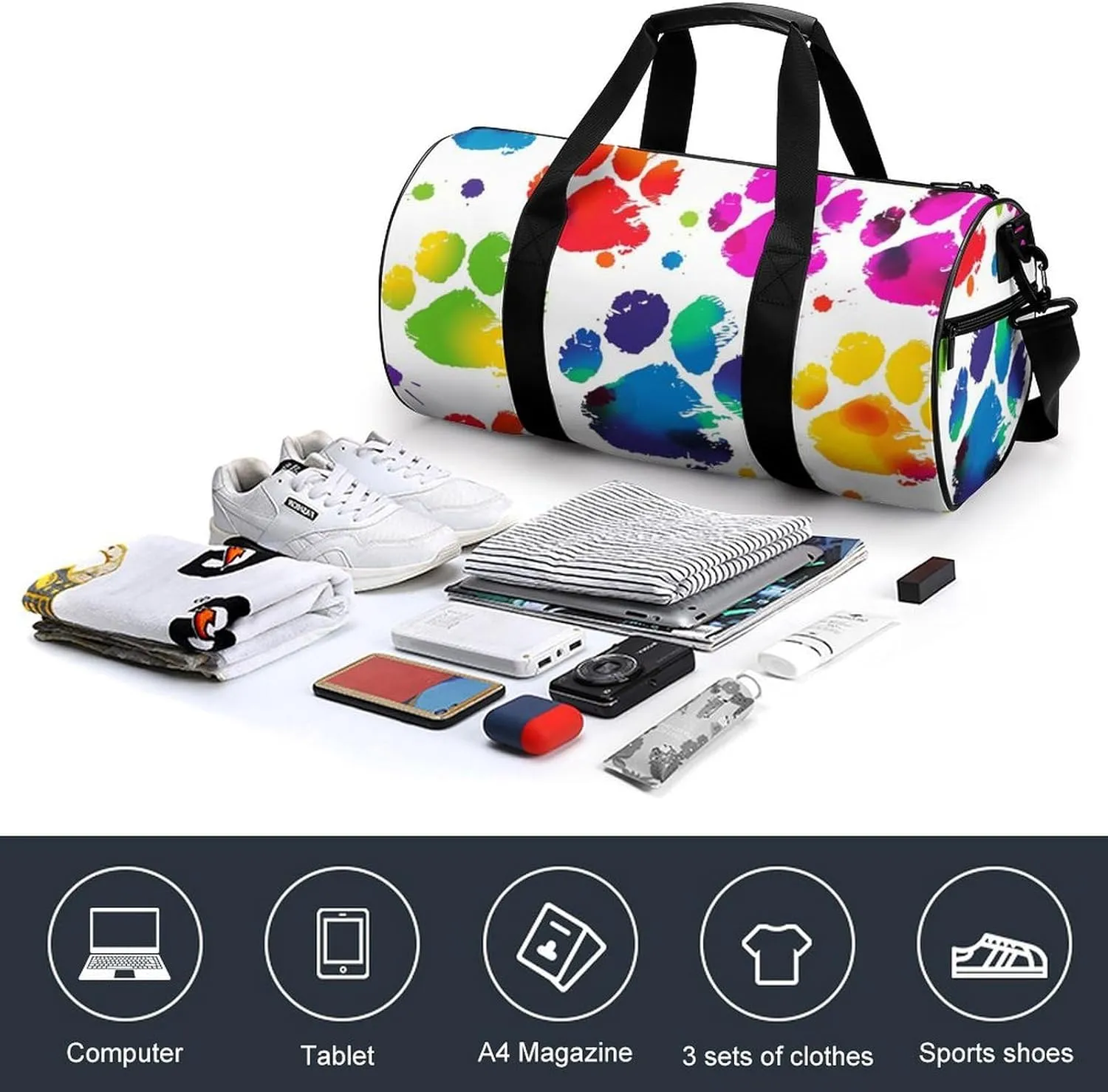 Colorful Dog Paw Print Gym Bag Small Travel Duffle Bag with Compartment Carry On Weekender Bag for Women Men