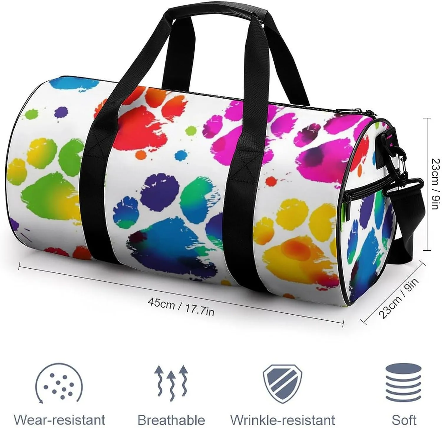 Colorful Dog Paw Print Gym Bag Small Travel Duffle Bag with Compartment Carry On Weekender Bag for Women Men