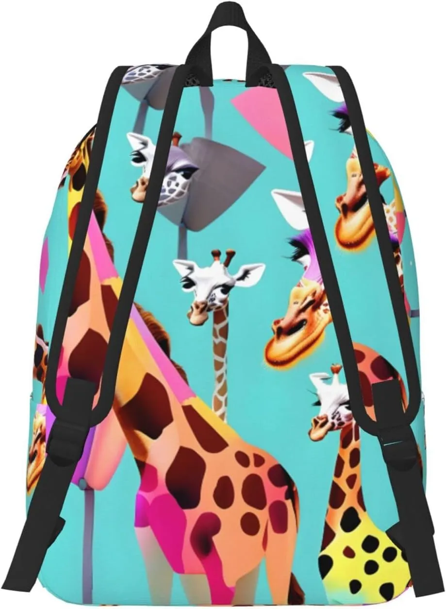 Colorful Giraffe Fans Lovers Print Canvas Laptop Backpack Outdoor Casual Travel Bag Daypack Book Bag For Men Women