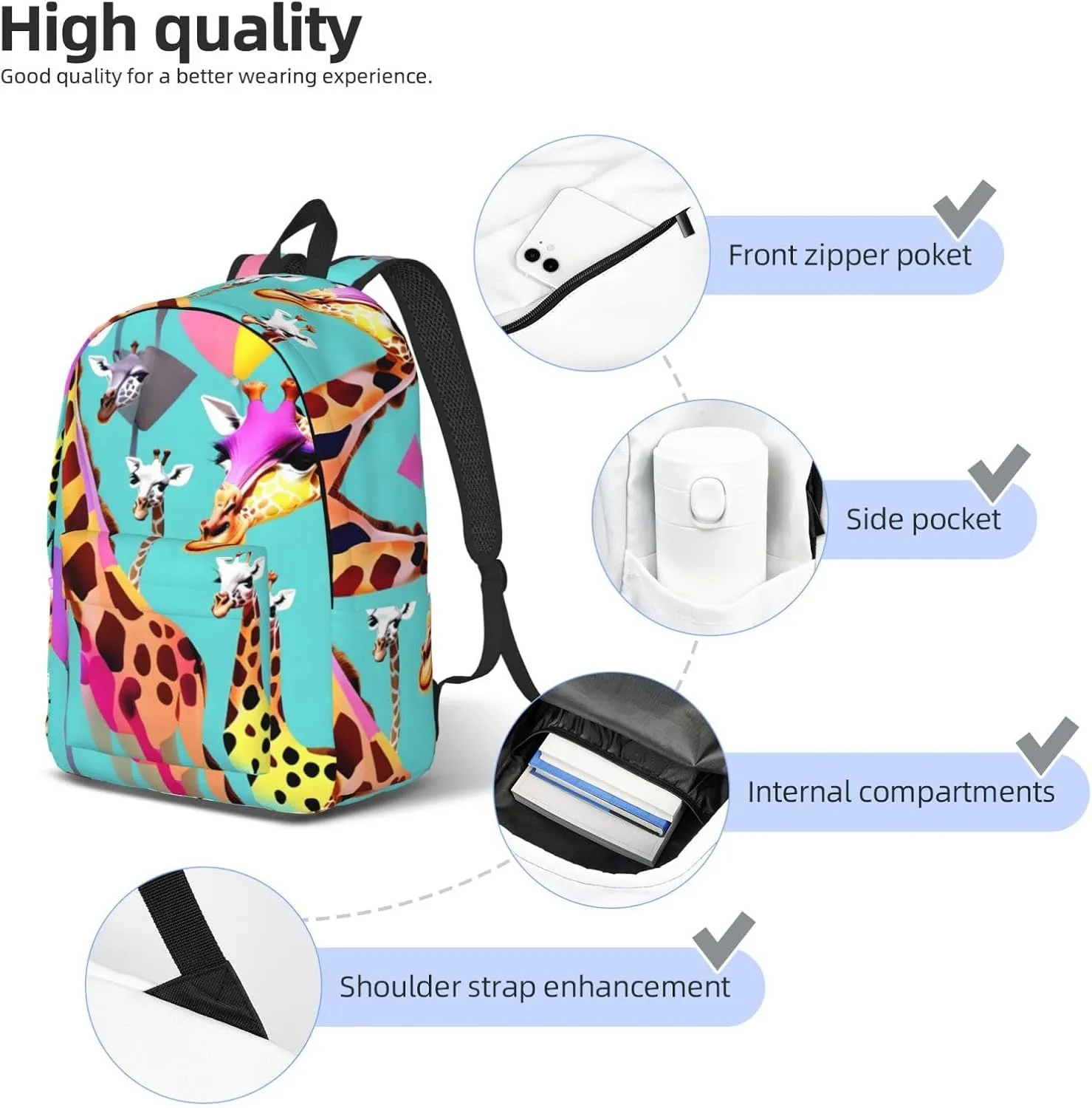 Colorful Giraffe Fans Lovers Print Canvas Laptop Backpack Outdoor Casual Travel Bag Daypack Book Bag For Men Women