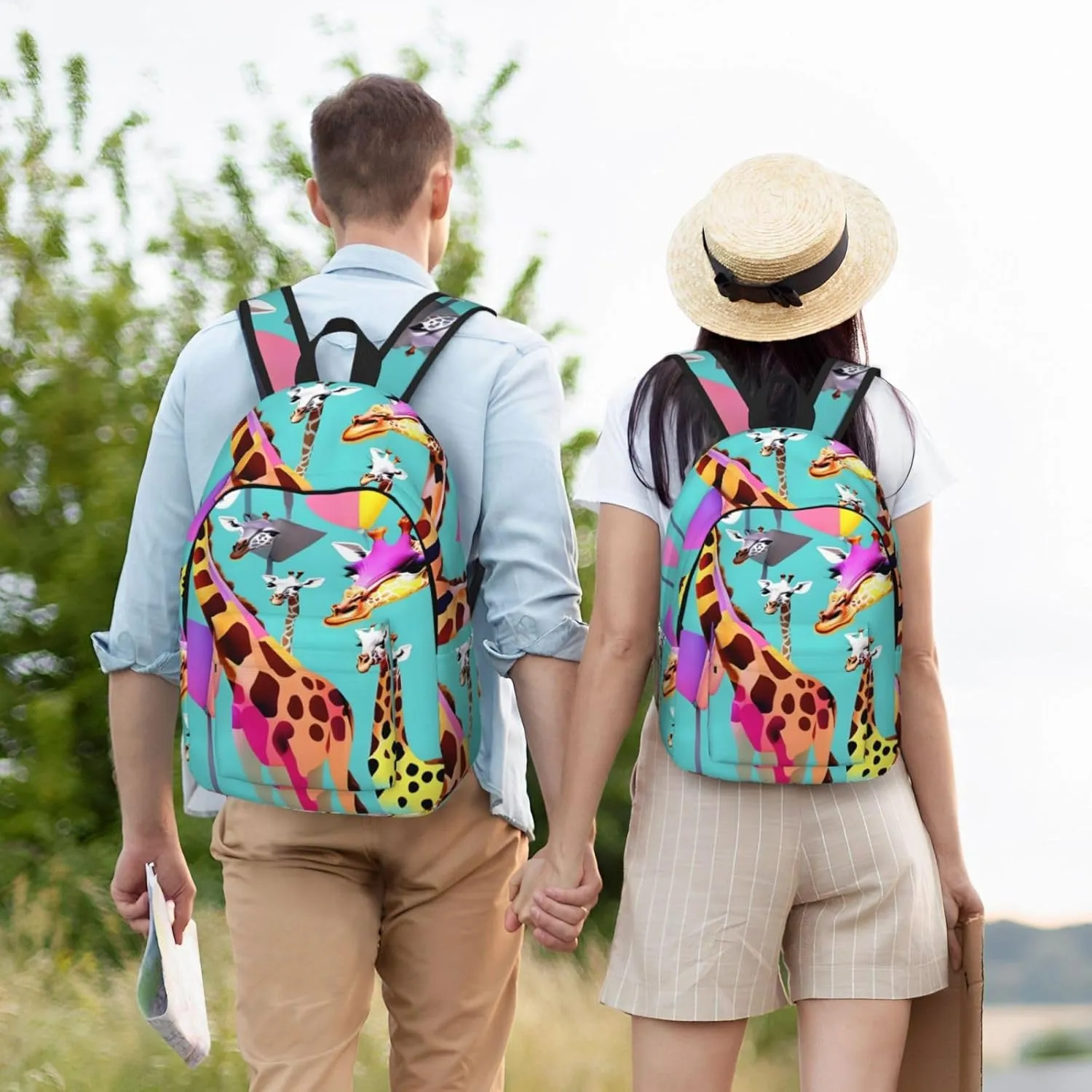 Colorful Giraffe Fans Lovers Print Canvas Laptop Backpack Outdoor Casual Travel Bag Daypack Book Bag For Men Women