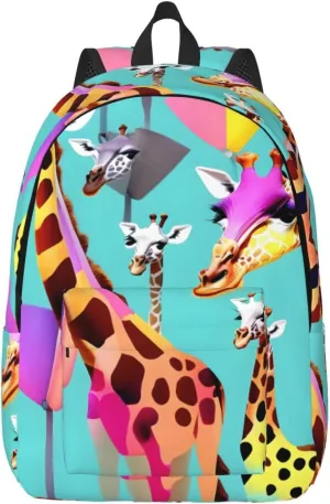 Colorful Giraffe Fans Lovers Print Canvas Laptop Backpack Outdoor Casual Travel Bag Daypack Book Bag For Men Women