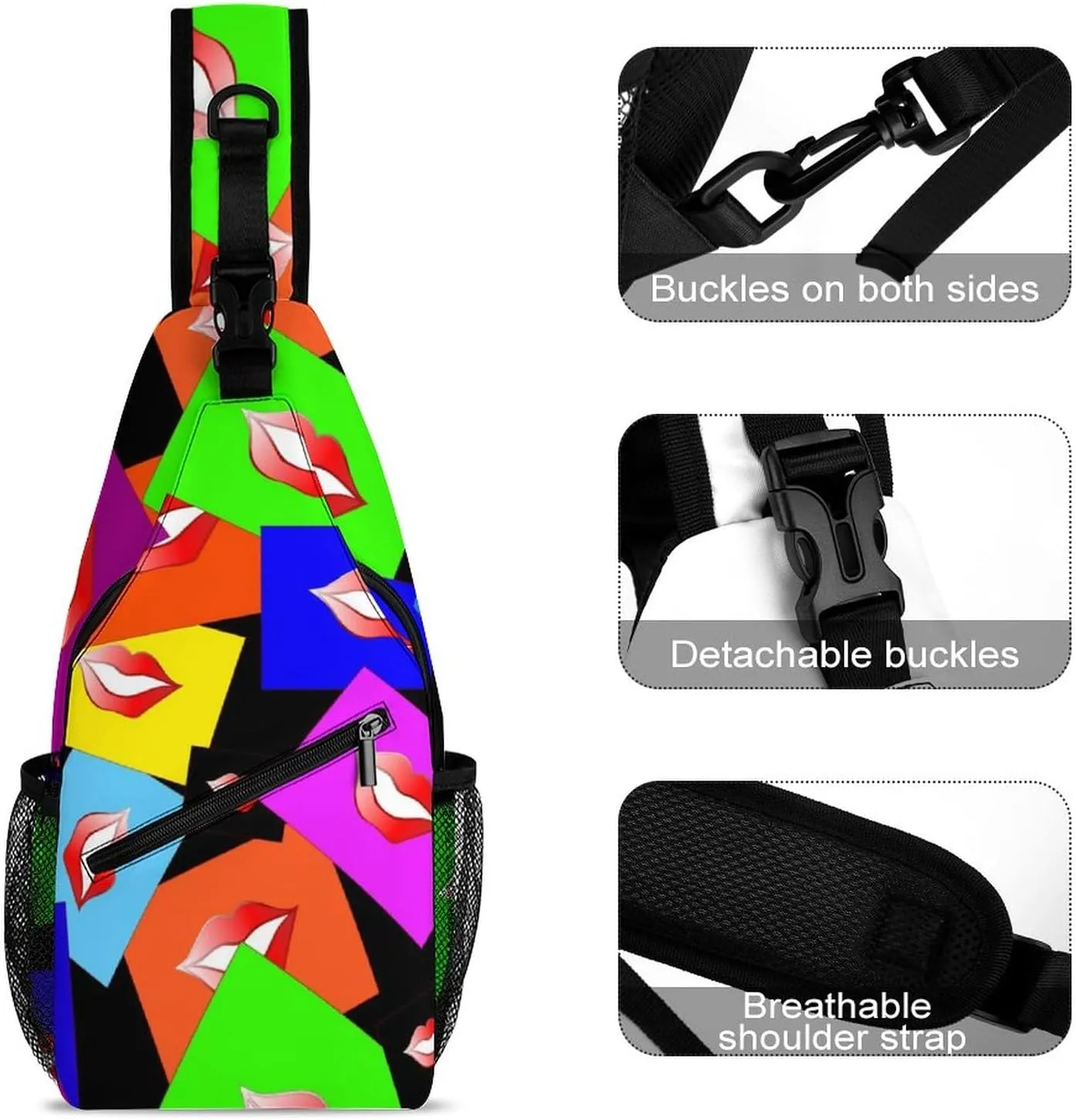 Colorful Lips Print Crossbody Sling Backpack Funny Mouth Kiss Sling Bag Adjustable Travel Hiking Chest Bags Daypack