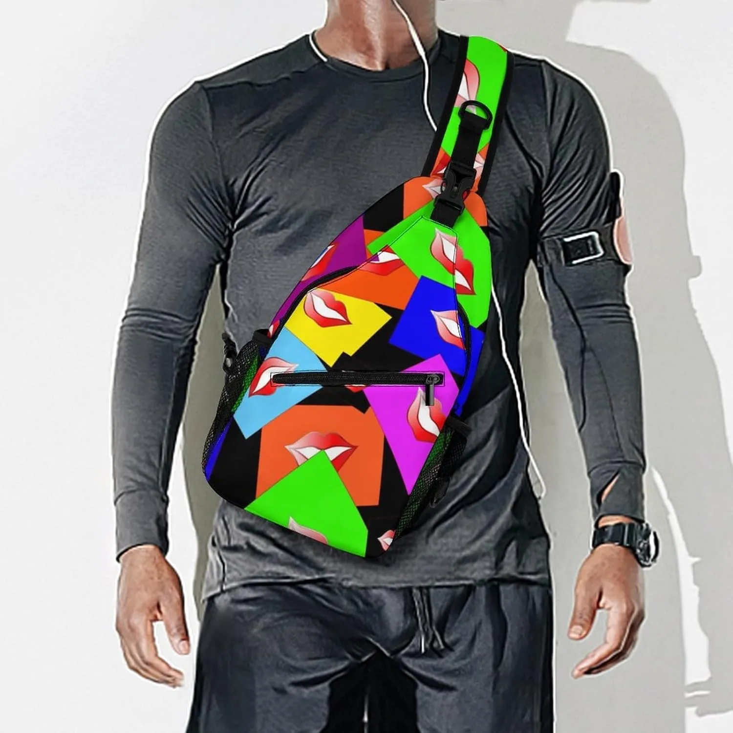 Colorful Lips Print Crossbody Sling Backpack Funny Mouth Kiss Sling Bag Adjustable Travel Hiking Chest Bags Daypack