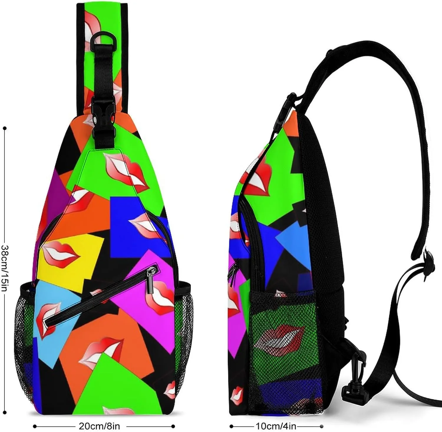Colorful Lips Print Crossbody Sling Backpack Funny Mouth Kiss Sling Bag Adjustable Travel Hiking Chest Bags Daypack